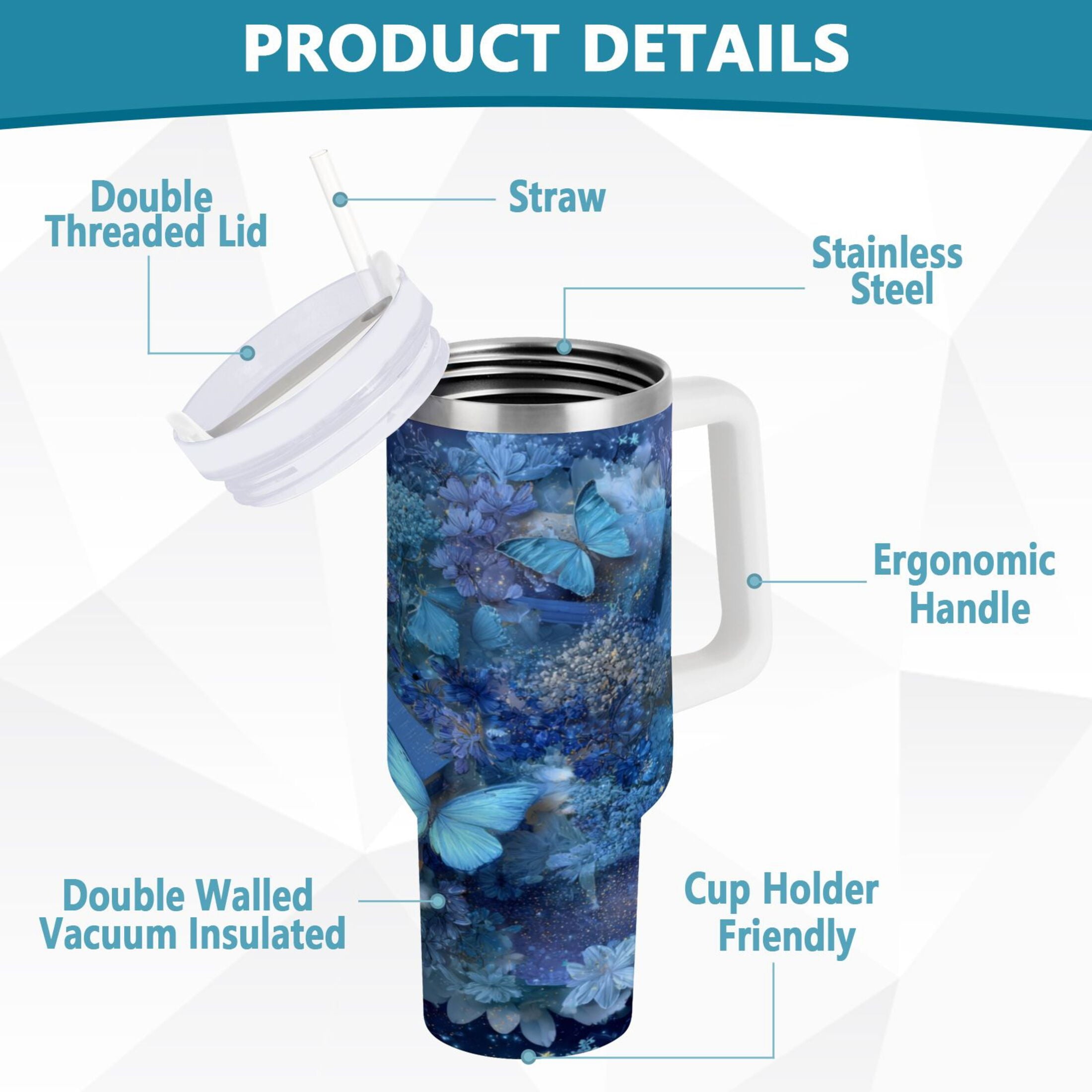 30 oz Insulated Stainless Steel Tumbler Double Wall Stainless Steel Tumbler with 2-Way Drinking Butterflies Books and Flowers UUNP