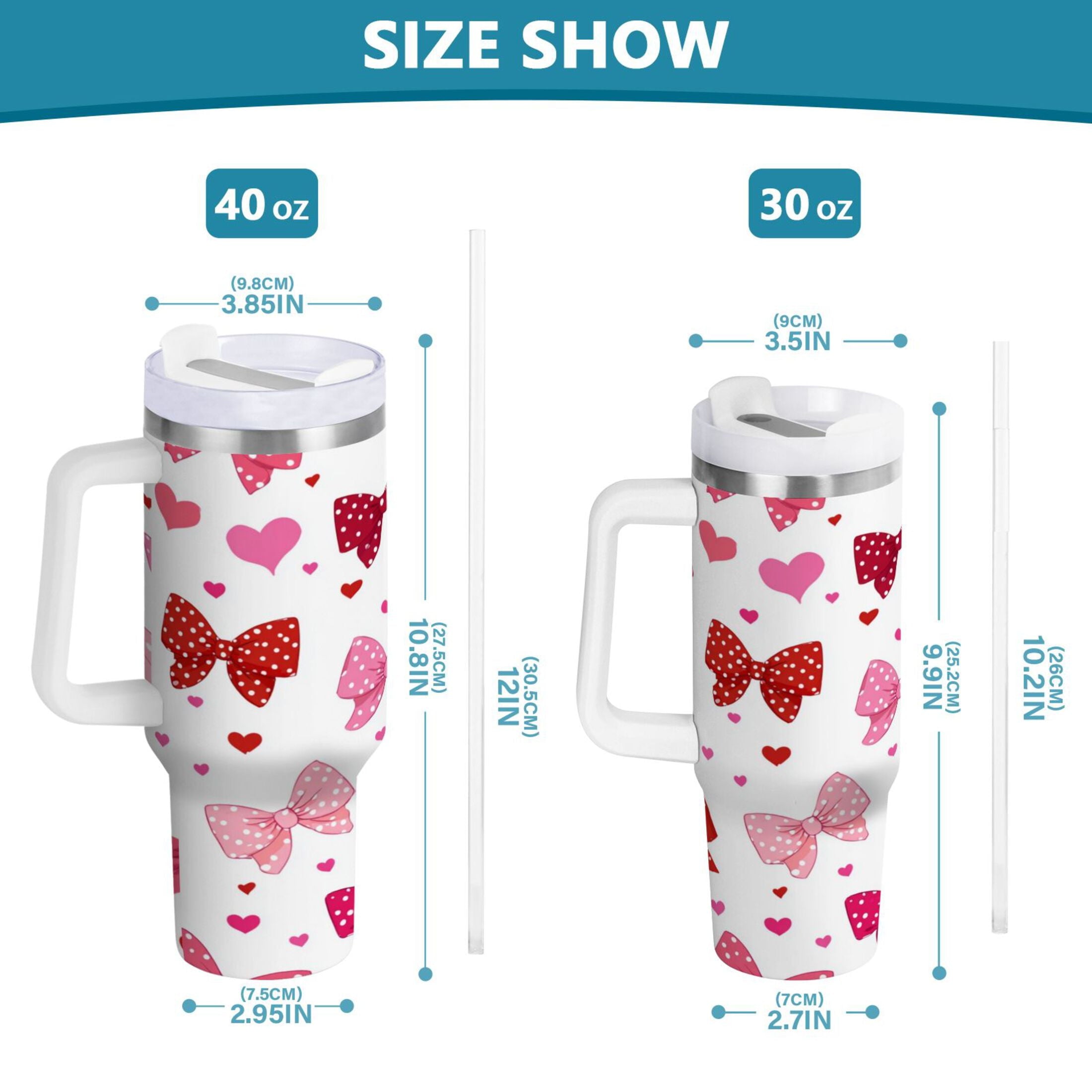 30 oz Insulated Stainless Steel Tumbler Double Wall Stainless Steel Tumbler with 2-Way Drinking Red and Pink Bows 673Q