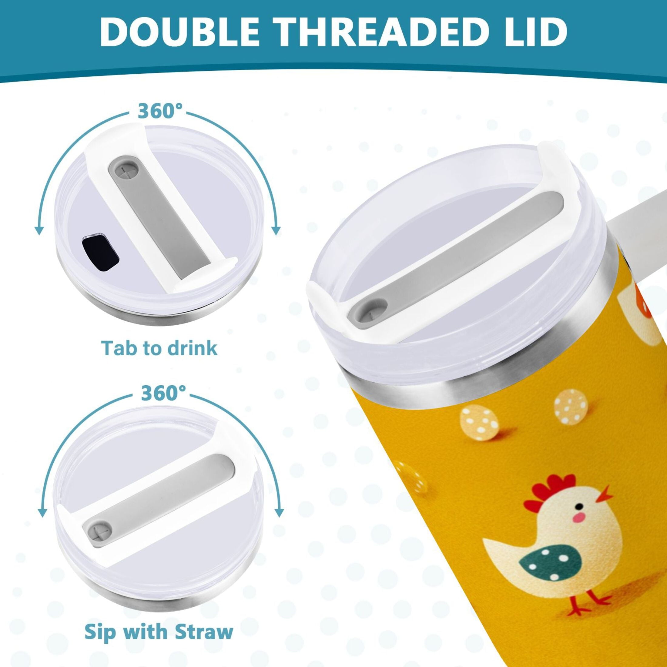 30 oz Insulated Stainless Steel Tumbler Double Wall Stainless Steel Tumbler with 2-Way Drinking Cartoon Chickens Pattern QI75