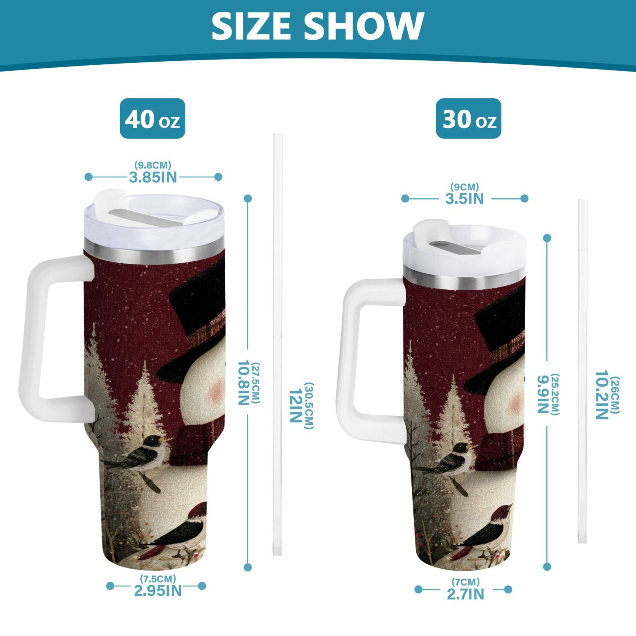 30 oz Insulated Stainless Steel Tumbler Double Wall Stainless Steel Tumbler with 2-Way Drinking Snowman and Birds FTWG