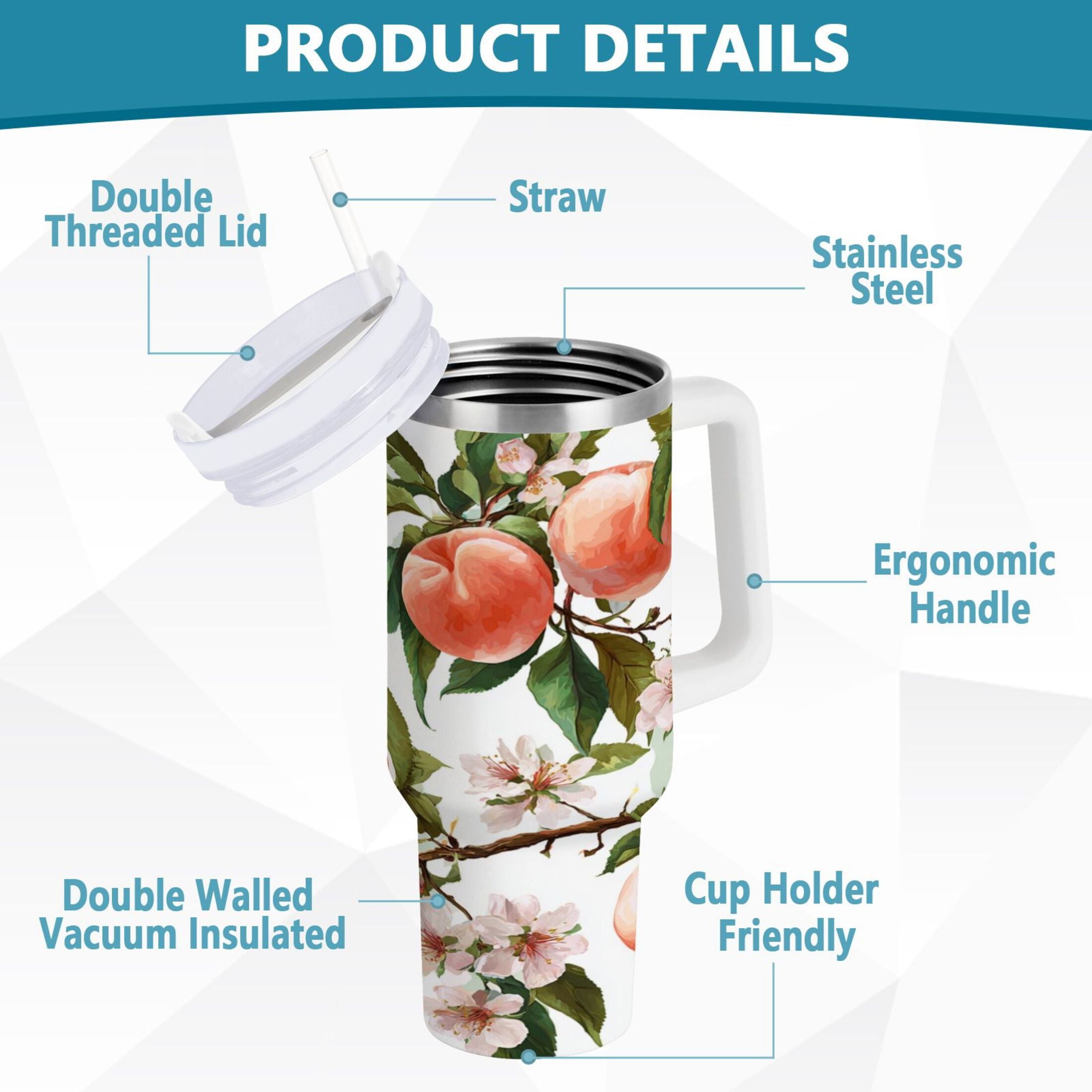 30 oz Insulated Stainless Steel Tumbler Double Wall Stainless Steel Tumbler with 2-Way Drinking Peach Fruit Pattern A2LP