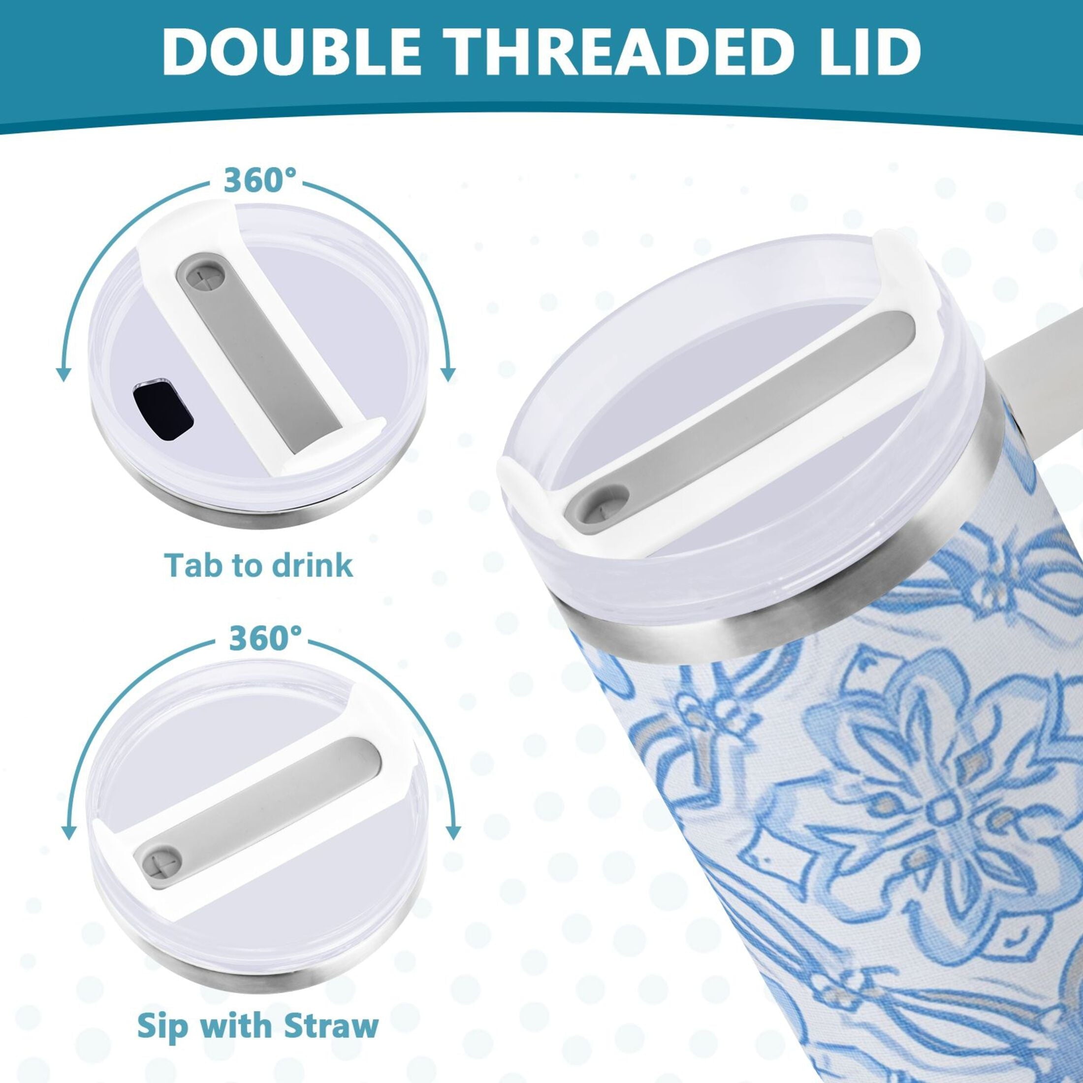 30 oz Insulated Stainless Steel Tumbler Double Wall Stainless Steel Tumbler with 2-Way Drinking Blue Elegant Geometric Design EL0S