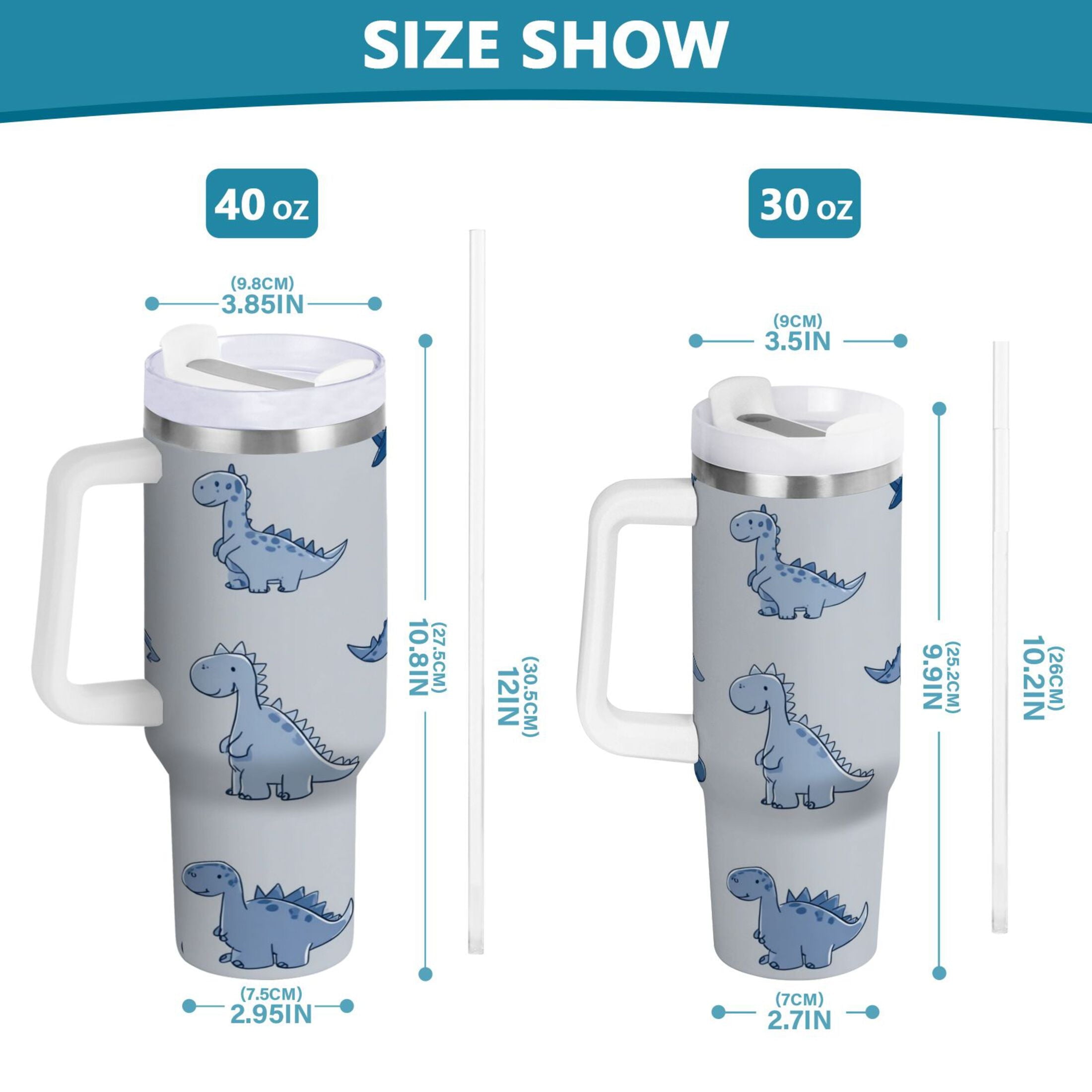 30 oz Insulated Stainless Steel Tumbler Double Wall Stainless Steel Tumbler with 2-Way Drinking Cute Blue Dinosaurs Q0BA
