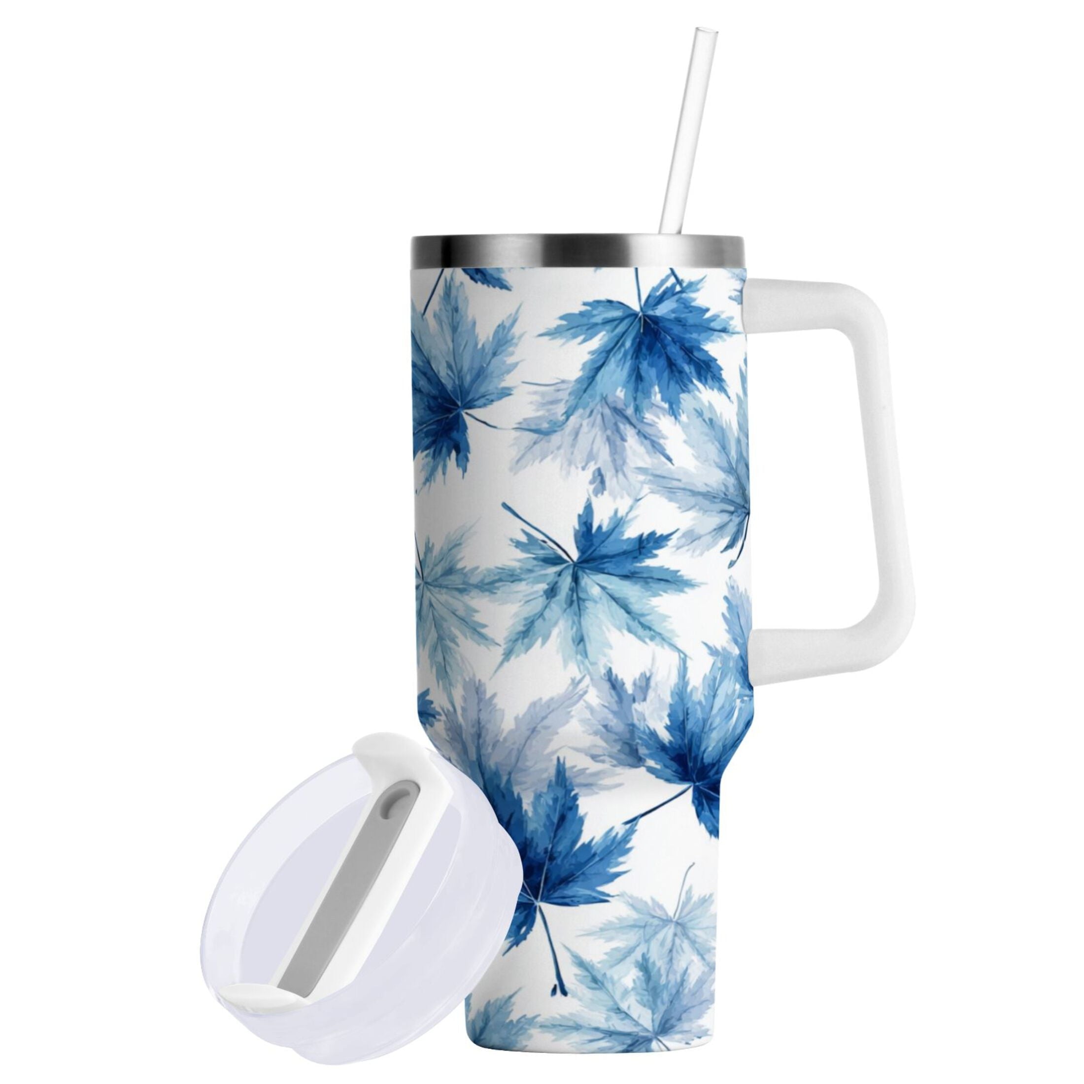 30 oz Insulated Stainless Steel Tumbler Double Wall Stainless Steel Tumbler with 2-Way Drinking Abstract Blue Maple Leaves 95MR