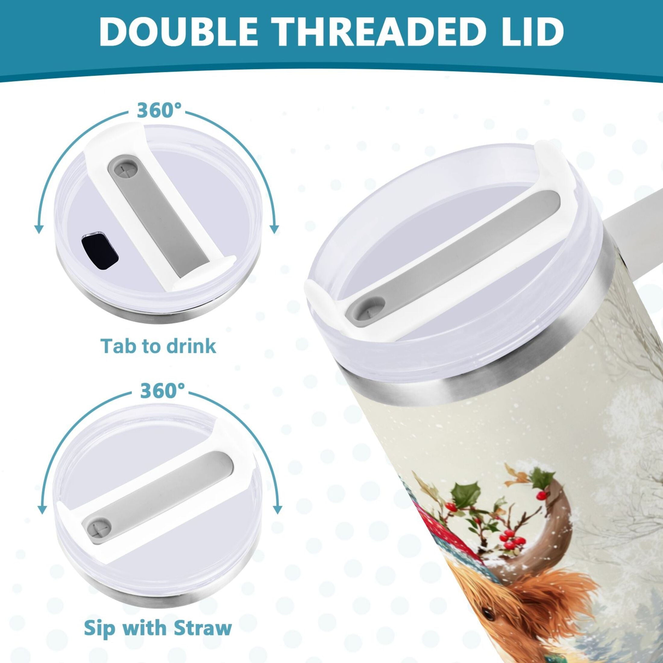 30 oz Insulated Stainless Steel Tumbler Double Wall Stainless Steel Tumbler with 2-Way Drinking Cow Wearing Christmas Hat ODCE