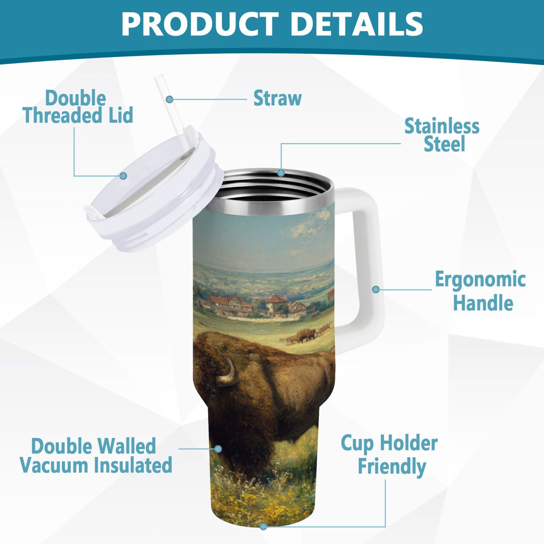 30 oz Insulated Stainless Steel Tumbler Double Wall Stainless Steel Tumbler with 2-Way Drinking Buffalo Herd Oil Painting G1EO