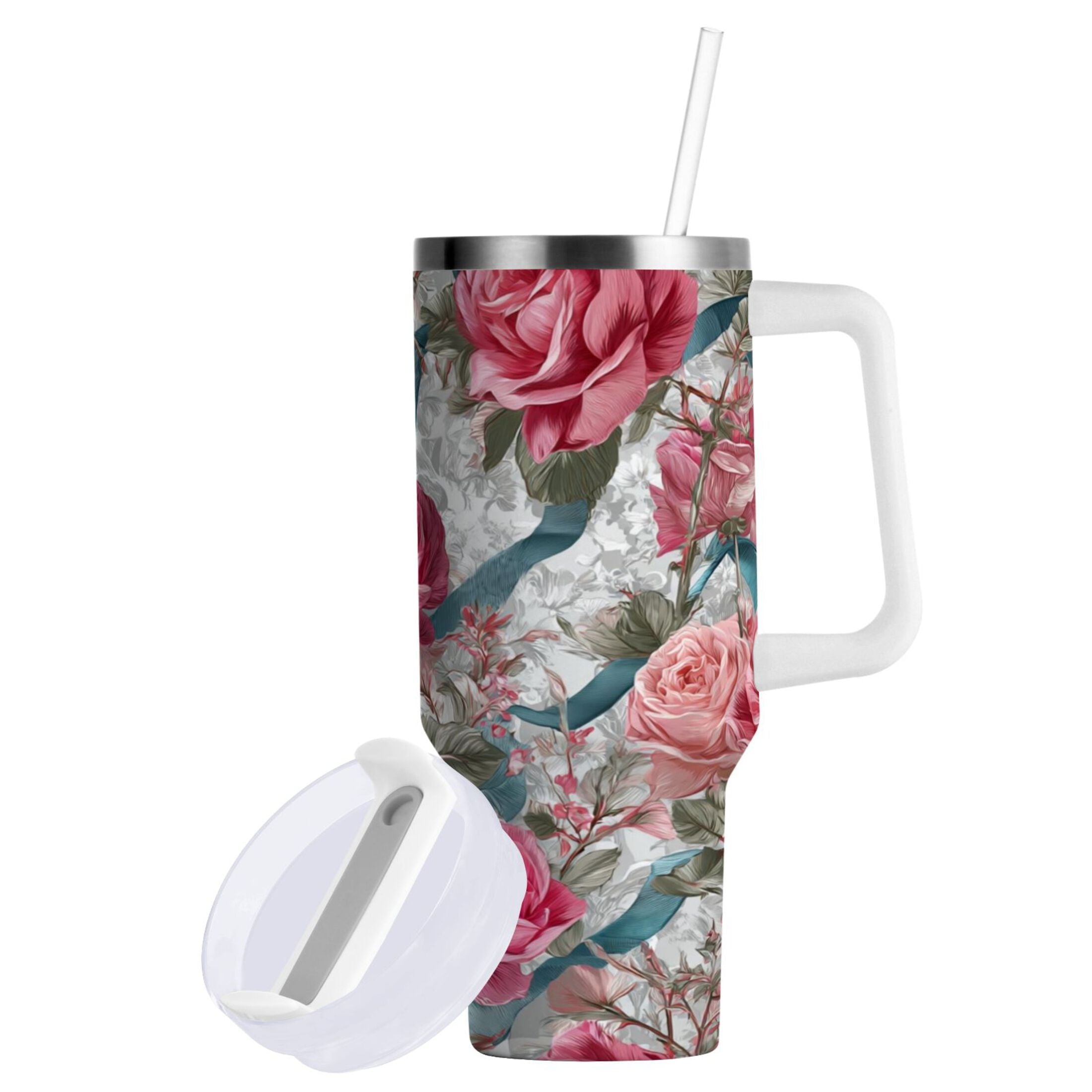 30 oz Insulated Stainless Steel Tumbler Double Wall Stainless Steel Tumbler with 2-Way Drinking Roses and Ribbons CQ1L