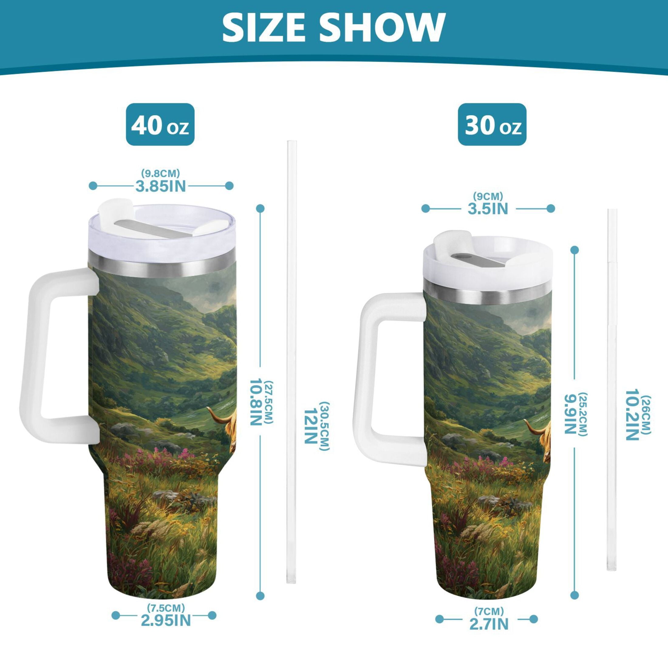 30 oz Insulated Stainless Steel Tumbler Double Wall Stainless Steel Tumbler with 2-Way Drinking Cow in Green Rolling Hills GH8P