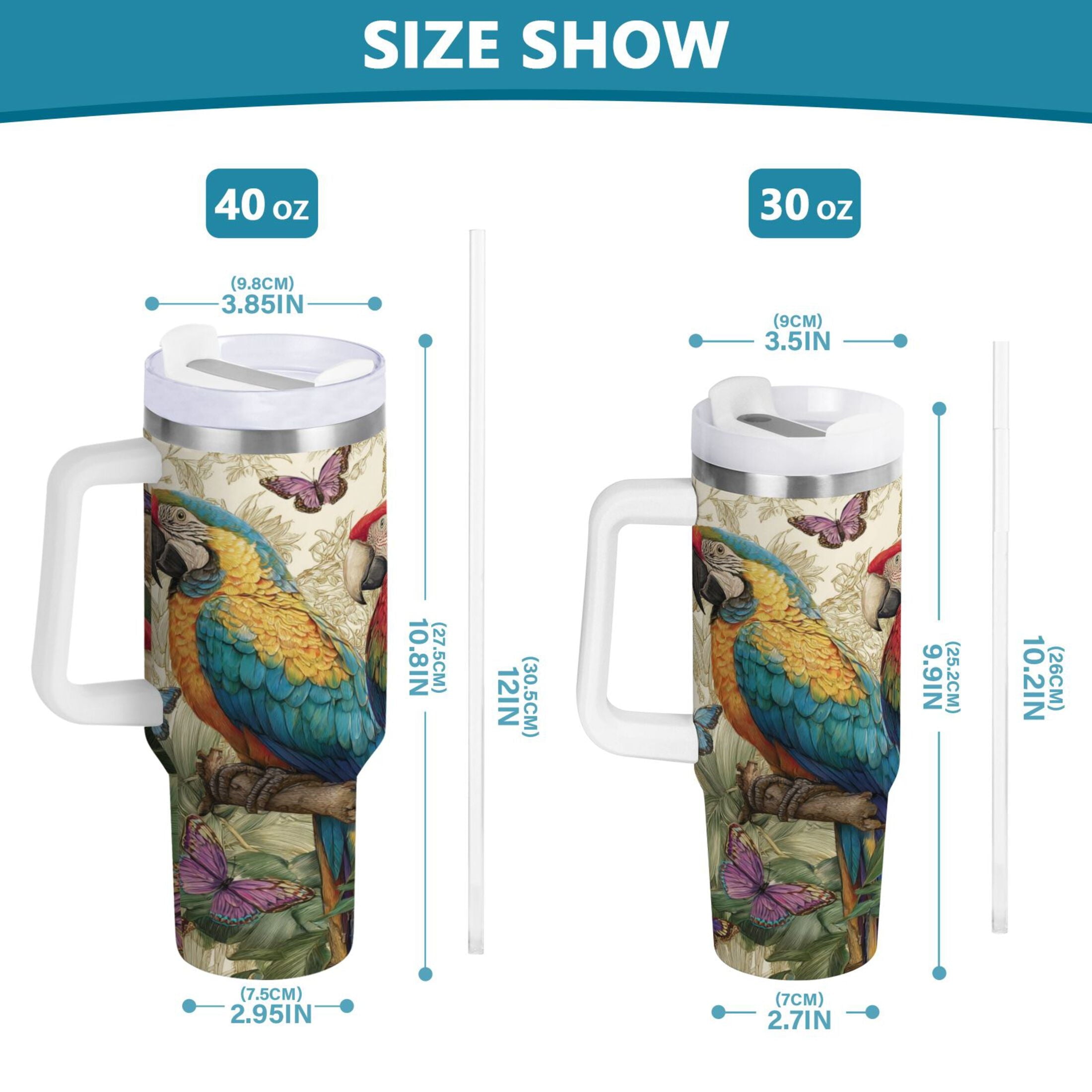 30 oz Insulated Stainless Steel Tumbler Double Wall Stainless Steel Tumbler with 2-Way Drinking Colorful Beautiful Parrots IVHL