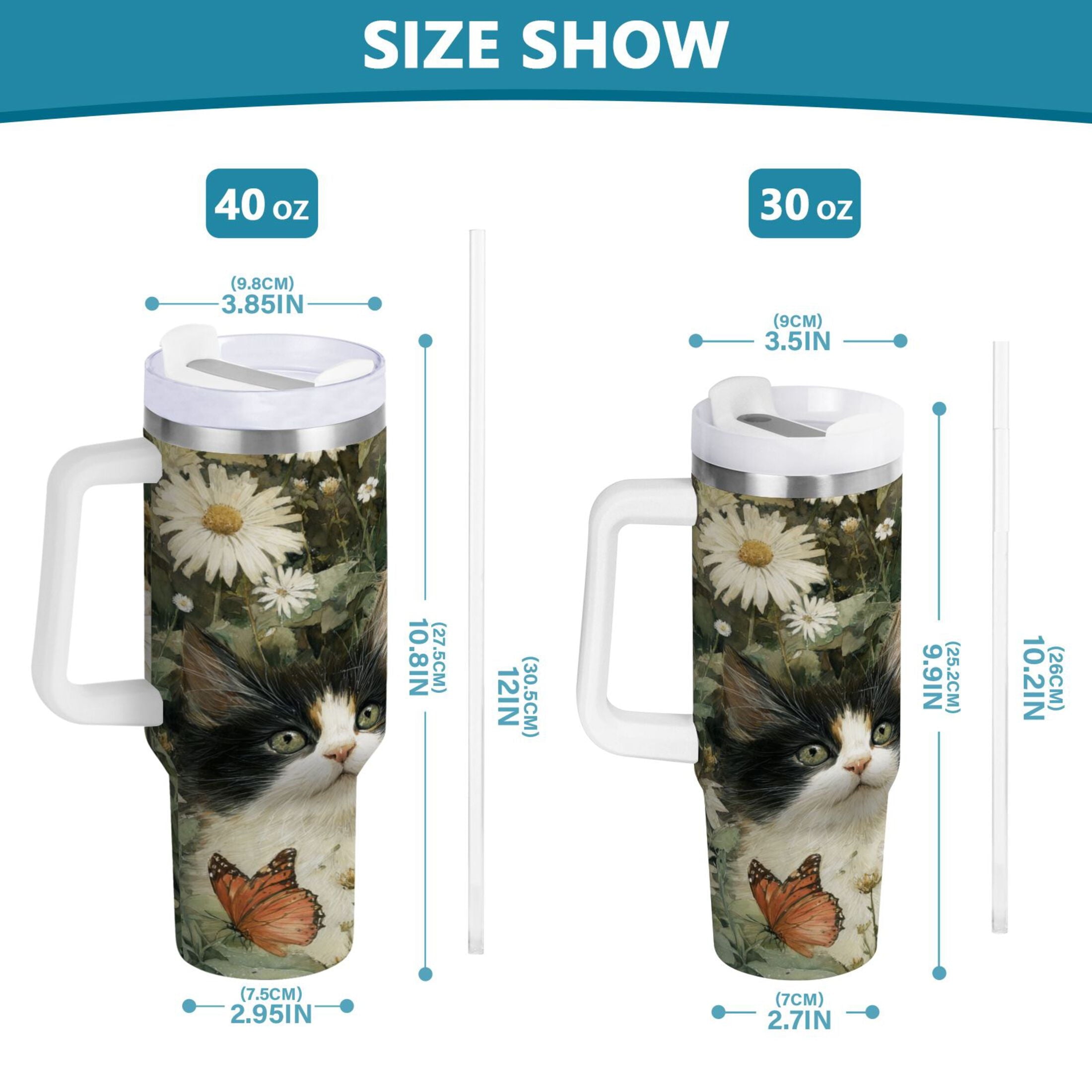 30 oz Insulated Stainless Steel Tumbler Double Wall Stainless Steel Tumbler with 2-Way Drinking Adorable Cats and Daisies 7J0T