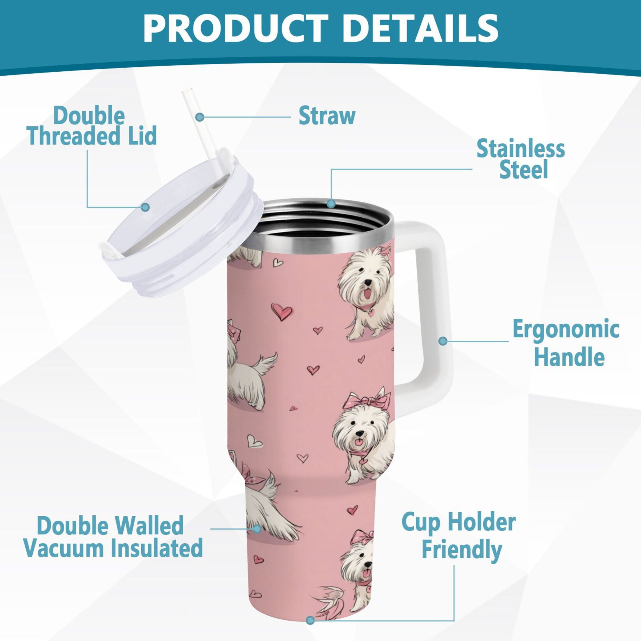 30 oz Insulated Stainless Steel Tumbler Double Wall Stainless Steel Tumbler with 2-Way Drinking Dogs Wearing Bows GEU1