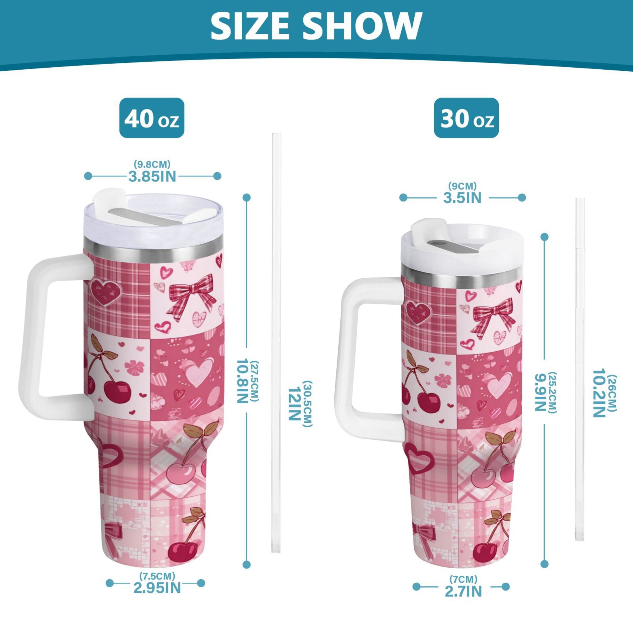 30 oz Insulated Stainless Steel Tumbler Double Wall Stainless Steel Tumbler with 2-Way Drinking Cherry Pattern with Bows B6Y5