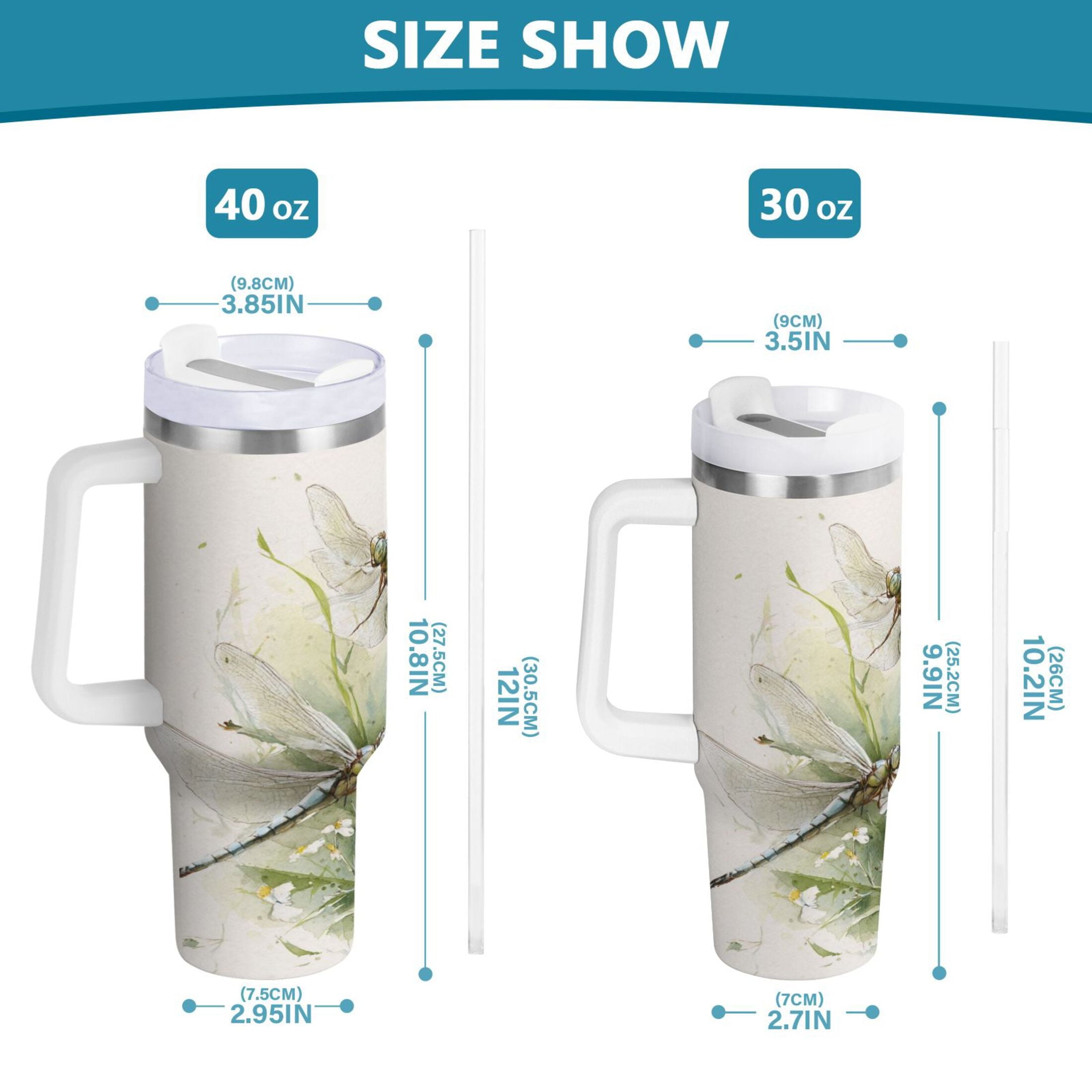 30 oz Insulated Stainless Steel Tumbler Double Wall Stainless Steel Tumbler with 2-Way Drinking Dragonflies with White Daisies 5Q18