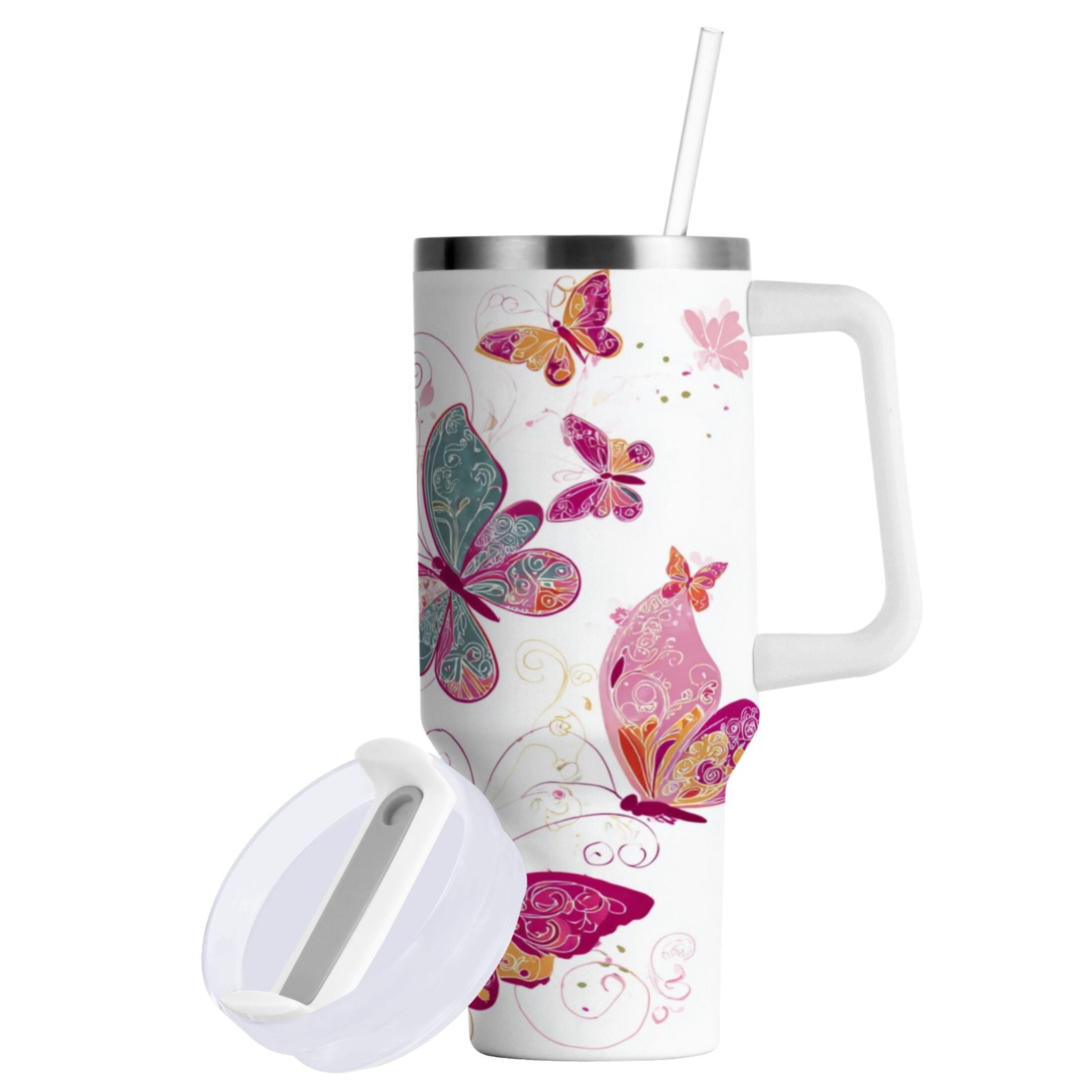 30 oz Insulated Stainless Steel Tumbler Double Wall Stainless Steel Tumbler with 2-Way Drinking Colorful Butterflies IF9M