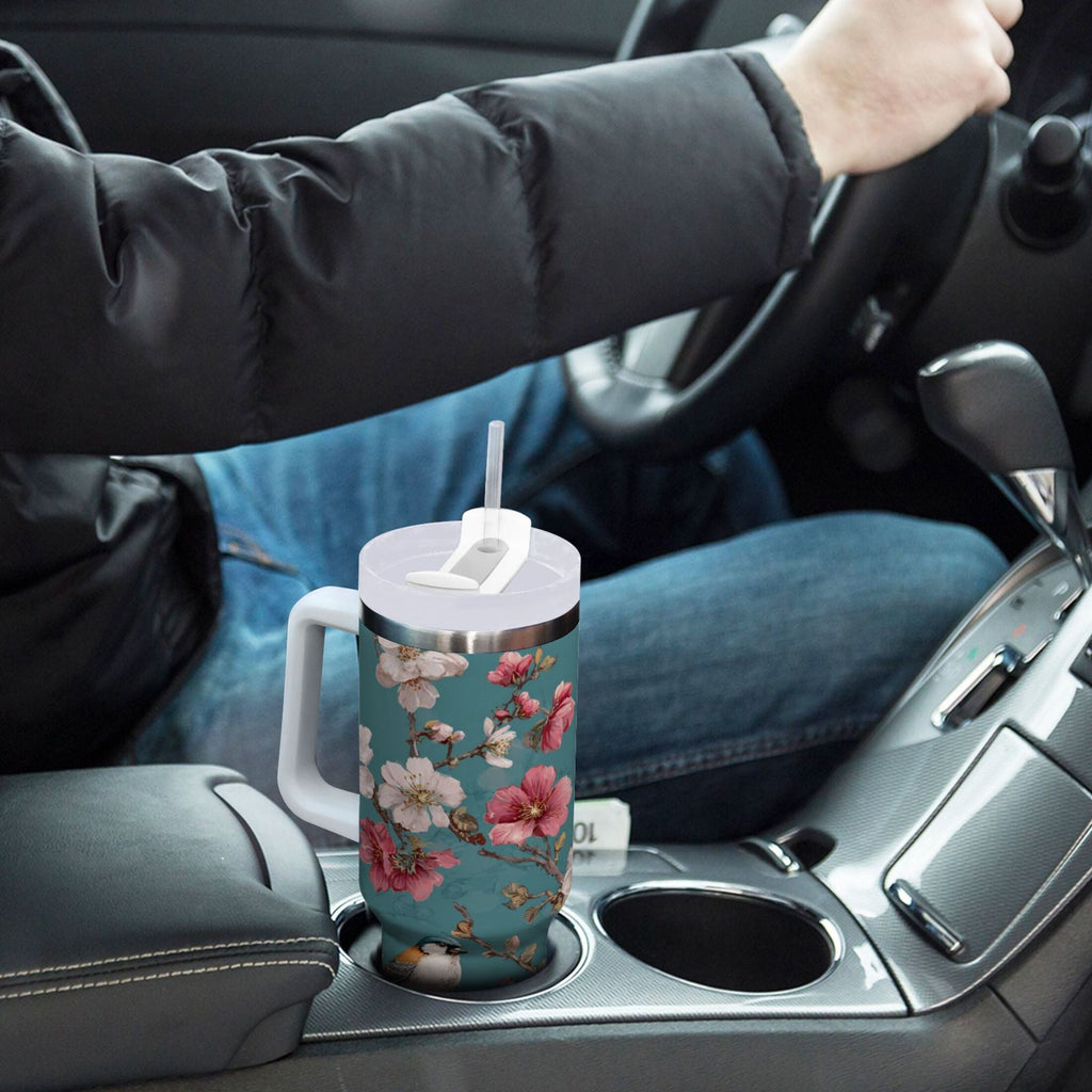 30 oz Insulated Stainless Steel Tumbler Double Wall Stainless Steel Tumbler with 2-Way Drinking Birds and Cherry Pattern 8ZIO