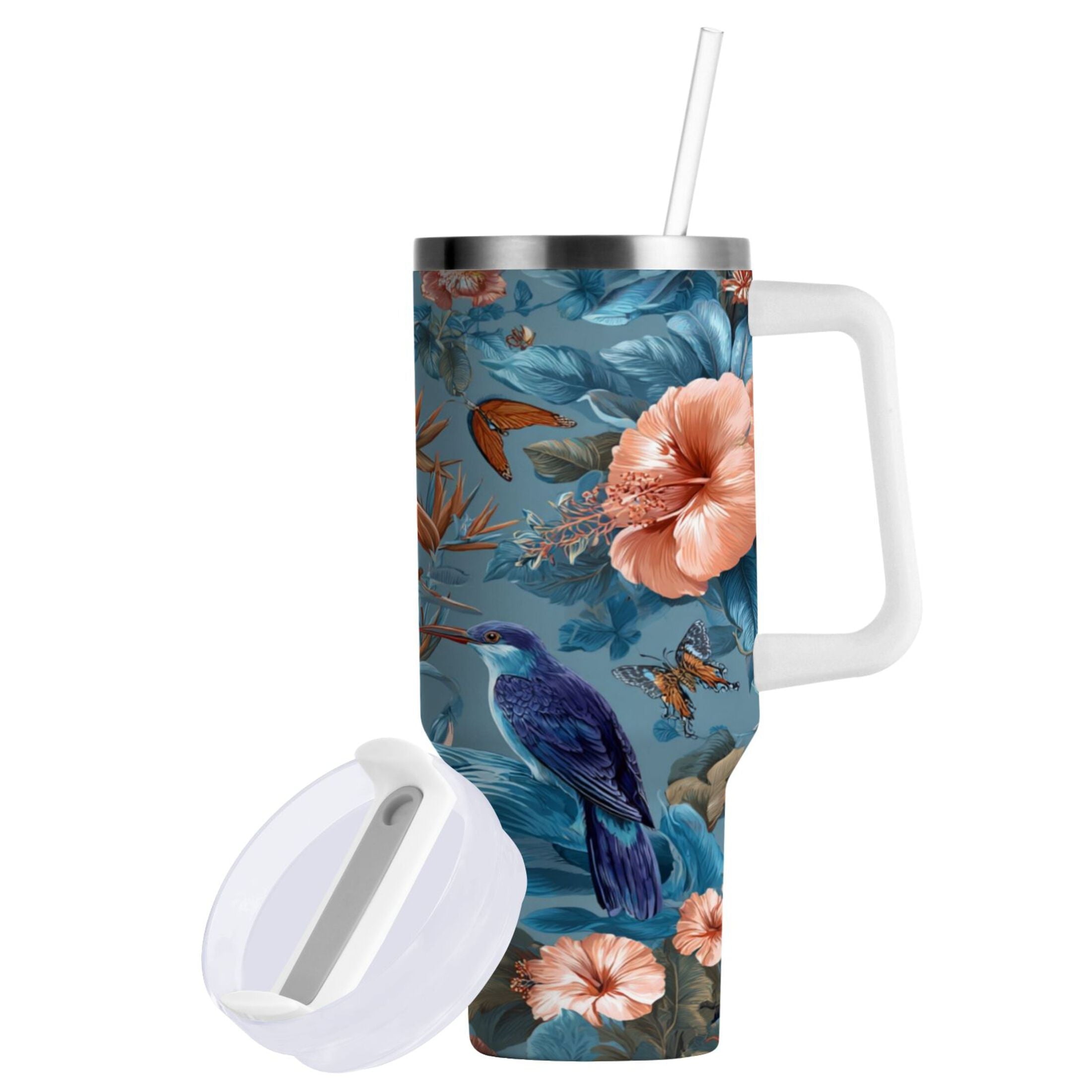 30 oz Insulated Stainless Steel Tumbler Double Wall Stainless Steel Tumbler with 2-Way Drinking Birds and Flowers XLNP