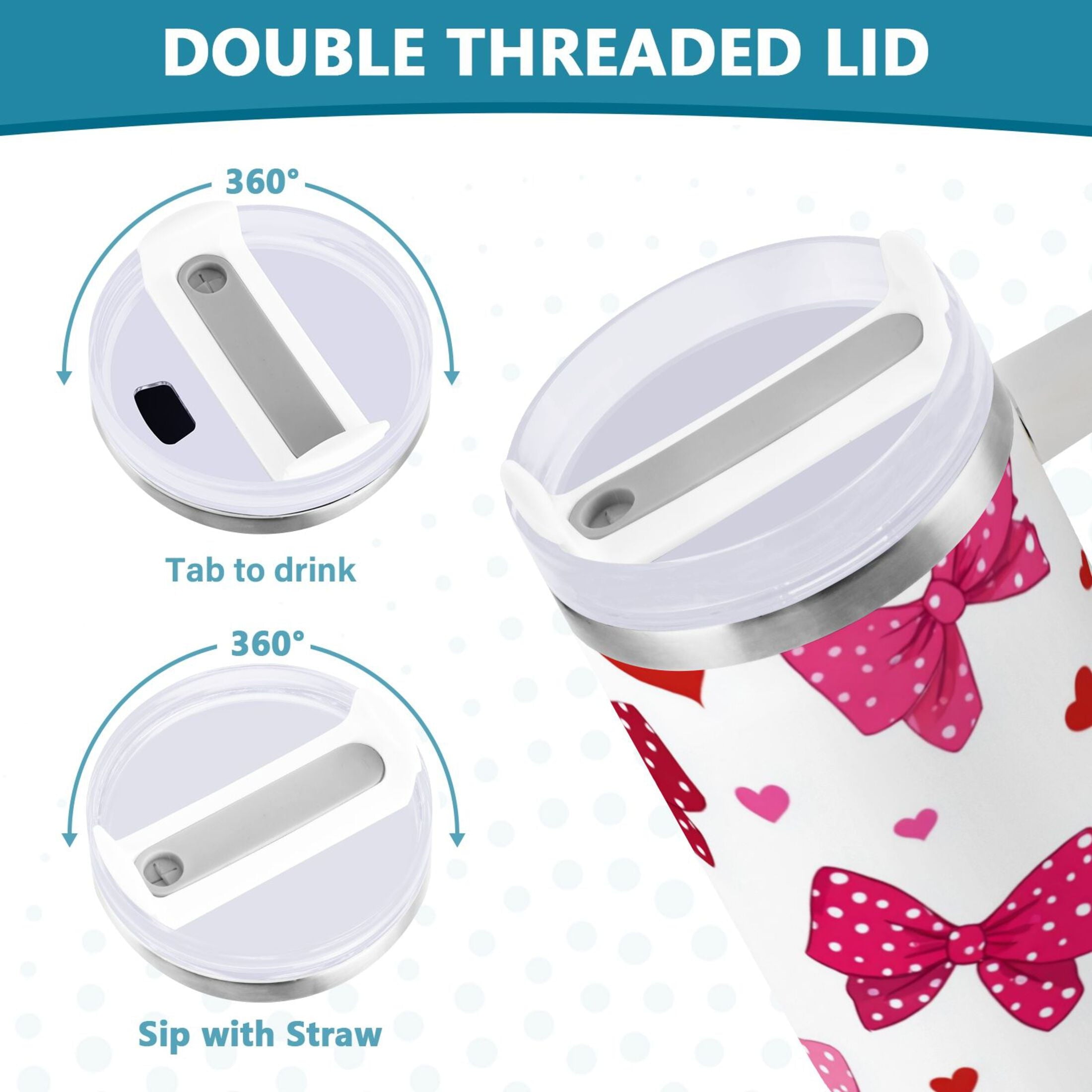 30 oz Insulated Stainless Steel Tumbler Double Wall Stainless Steel Tumbler with 2-Way Drinking Red and Pink Bows 673Q