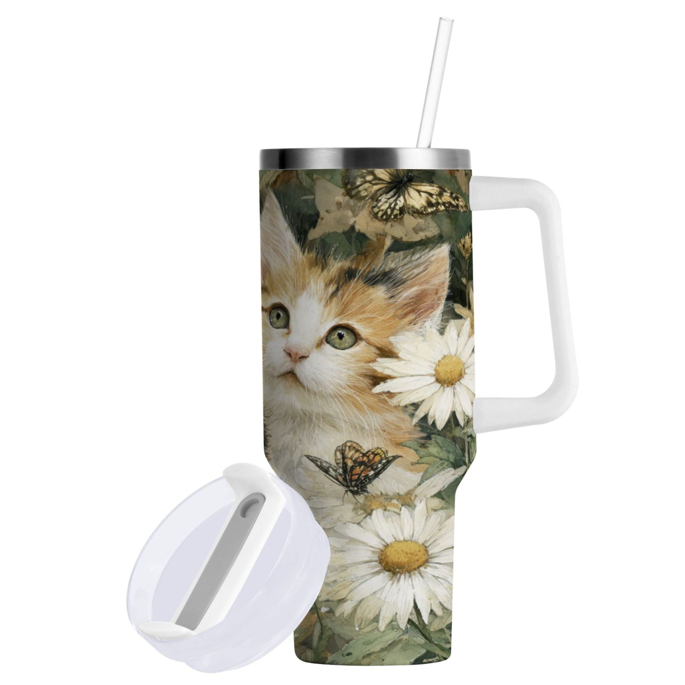 30 oz Insulated Stainless Steel Tumbler Double Wall Stainless Steel Tumbler with 2-Way Drinking Adorable Cats and Daisies 7J0T
