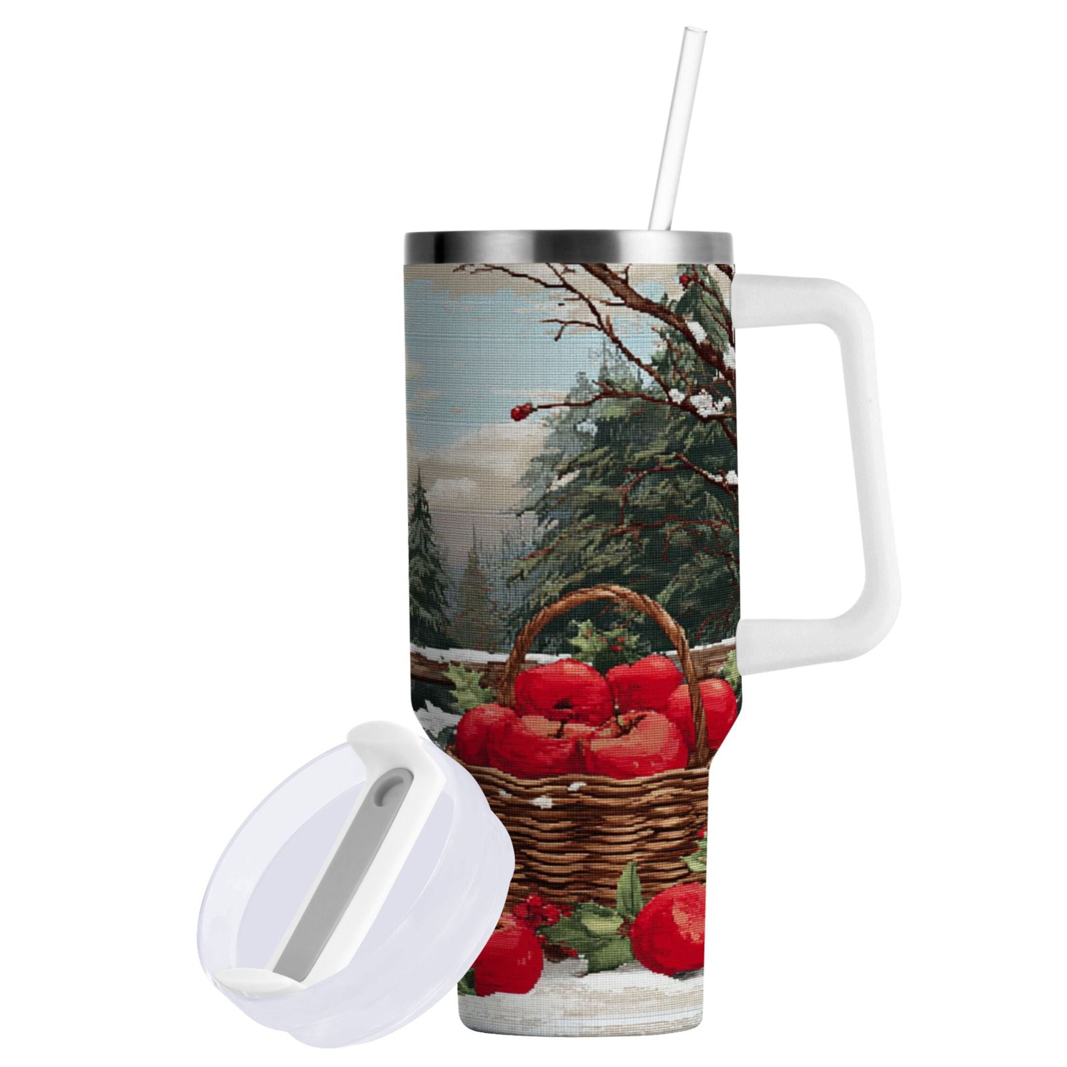 30 oz Insulated Stainless Steel Tumbler Double Wall Stainless Steel Tumbler with 2-Way Drinking Apples and Baskets D43T