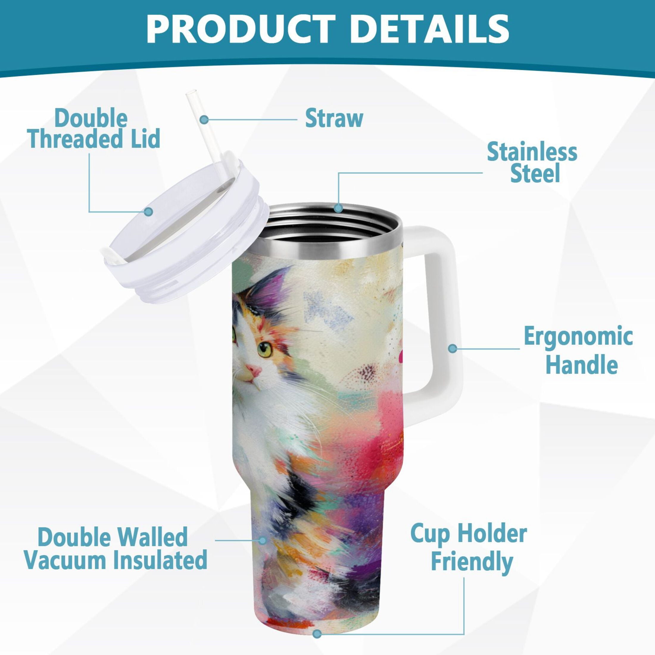 30 oz Insulated Stainless Steel Tumbler Double Wall Stainless Steel Tumbler with 2-Way Drinking Charming Hairy Cat P8W0