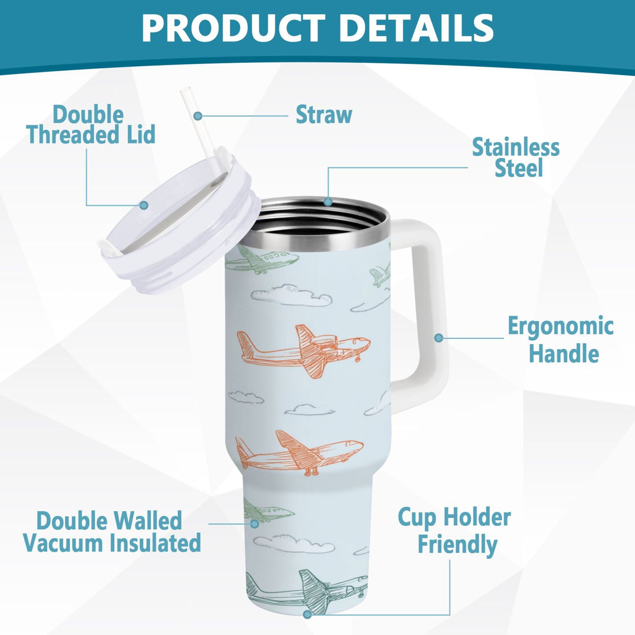 30 oz Insulated Stainless Steel Tumbler Double Wall Stainless Steel Tumbler with 2-Way Drinking Pastel Doodle Airplanes NJ7A