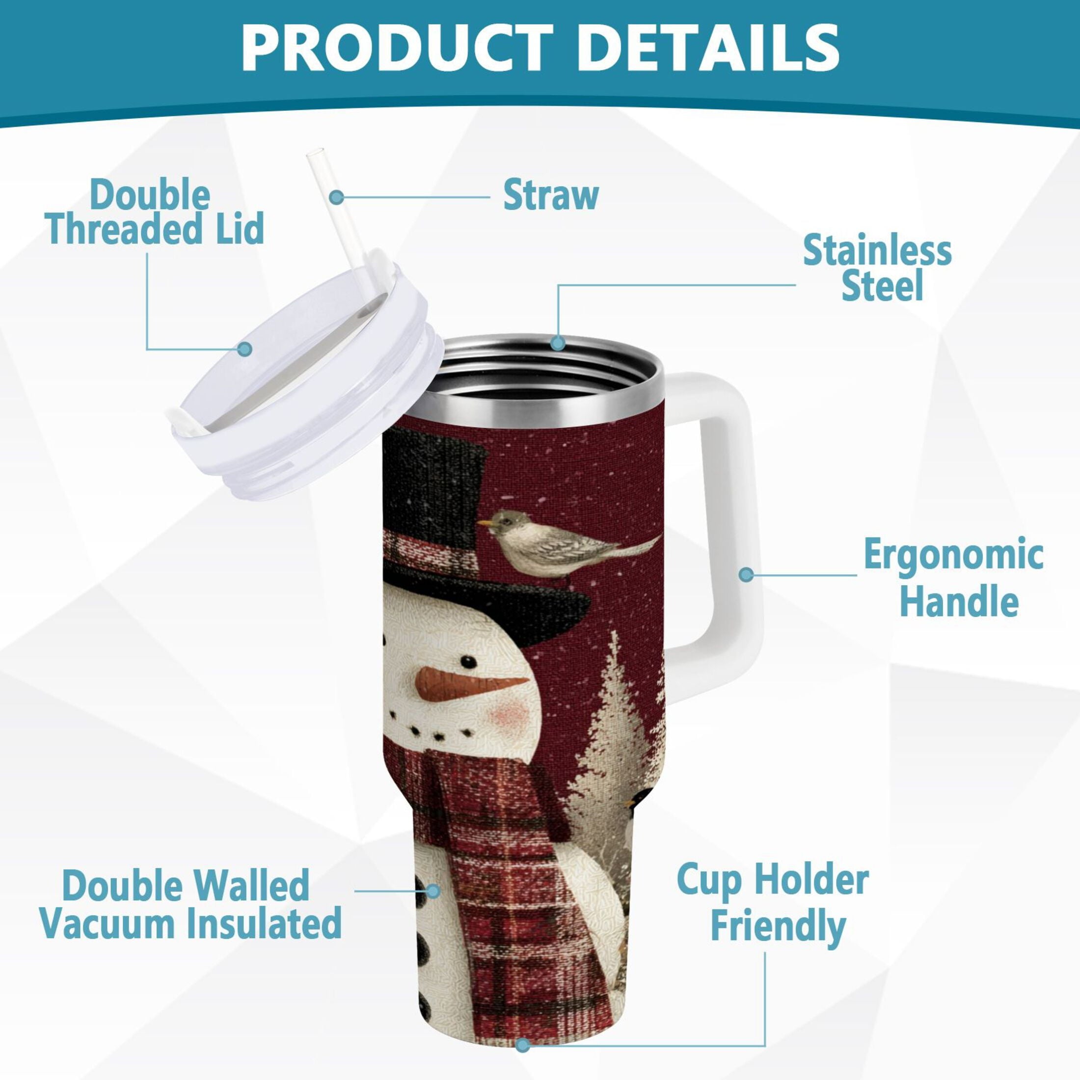 30 oz Insulated Stainless Steel Tumbler Double Wall Stainless Steel Tumbler with 2-Way Drinking Snowman and Birds FTWG