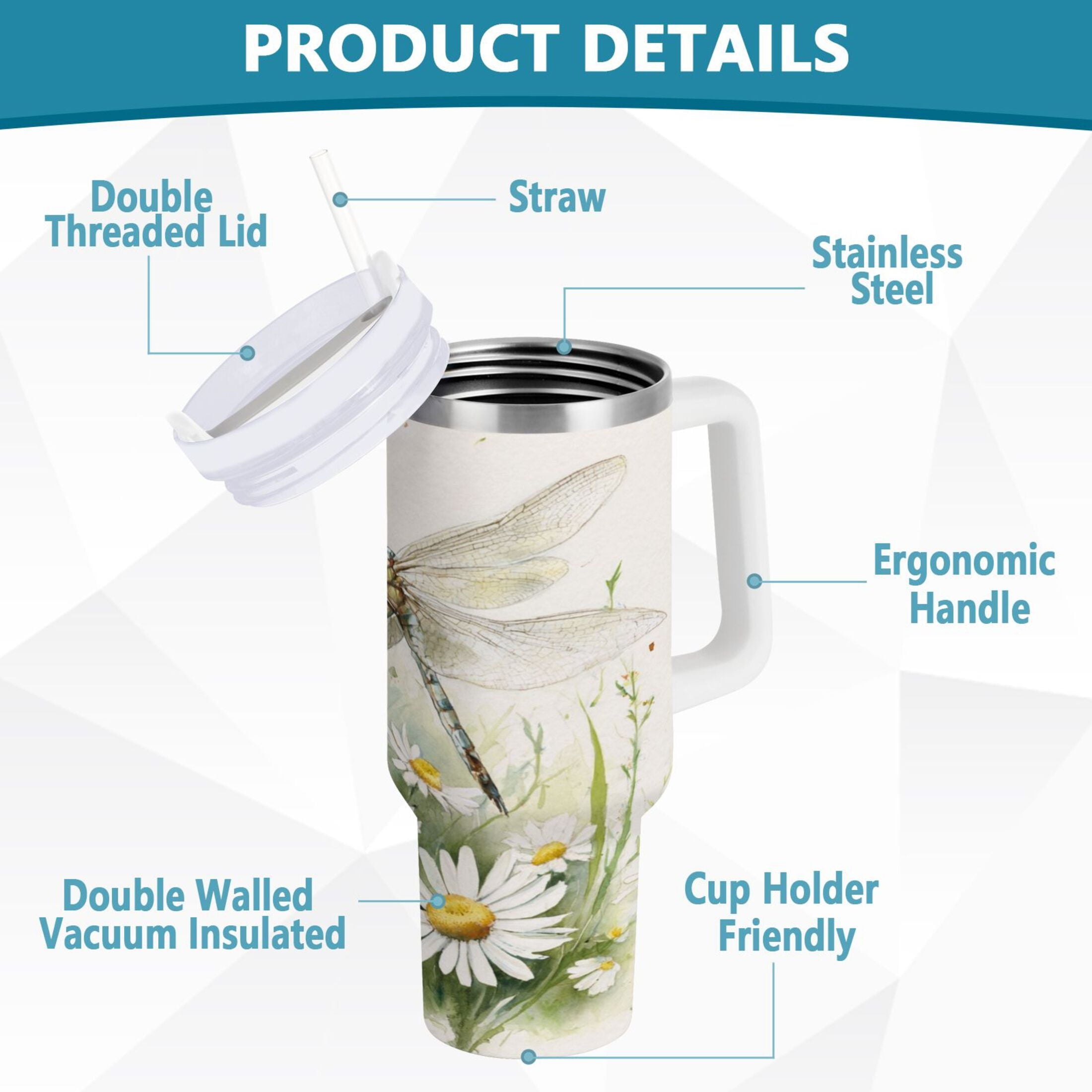 30 oz Insulated Stainless Steel Tumbler Double Wall Stainless Steel Tumbler with 2-Way Drinking Dragonflies with White Daisies 5Q18