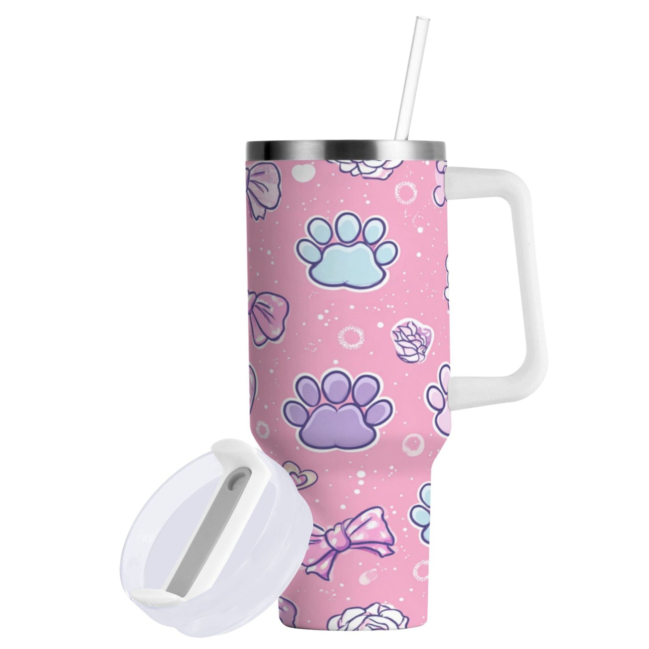 30 oz Insulated Stainless Steel Tumbler Double Wall Stainless Steel Tumbler with 2-Way Drinking Dog Paw Prints and Bows KWOF