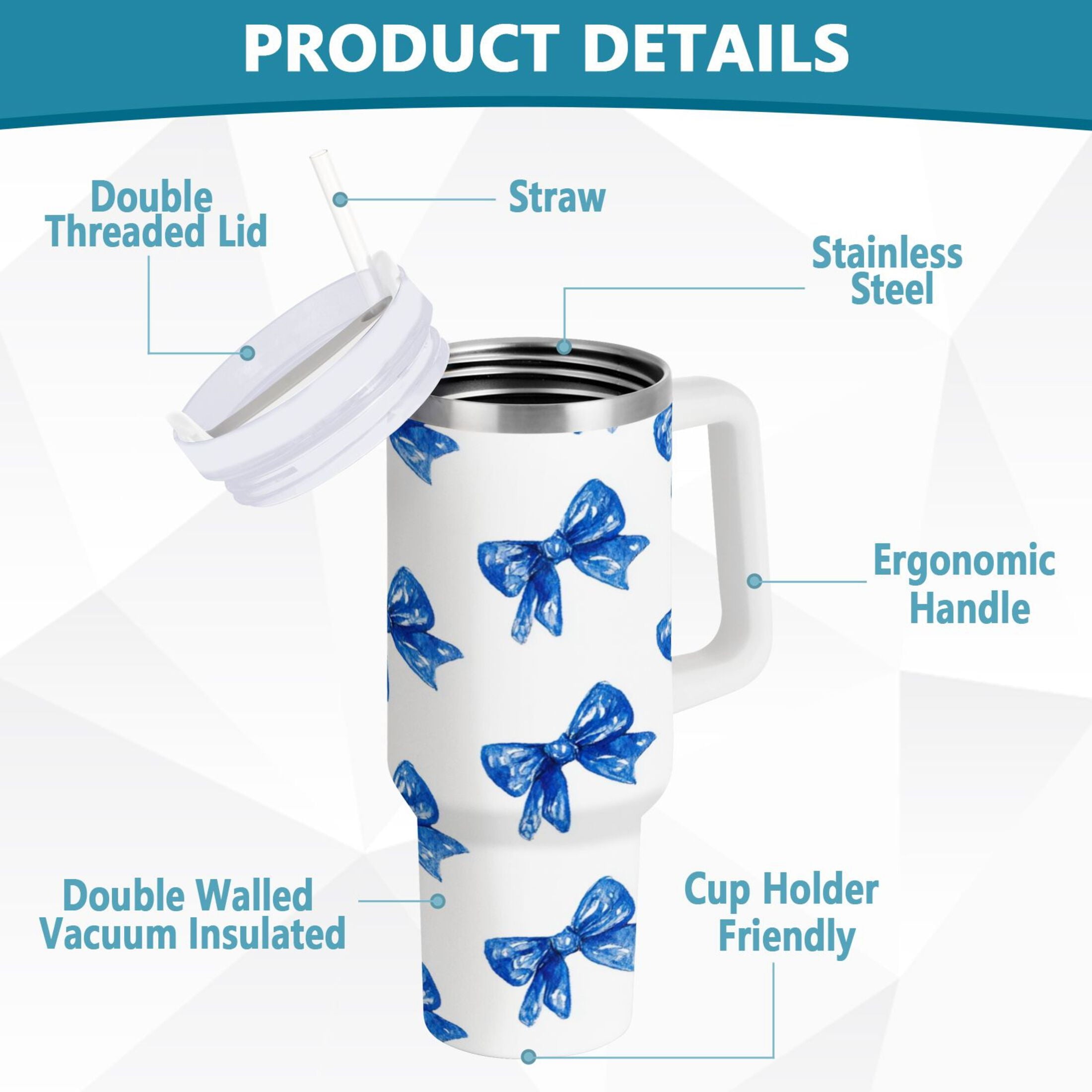 30 oz Insulated Stainless Steel Tumbler Double Wall Stainless Steel Tumbler with 2-Way Drinking Blue Bows Pattern MPO0