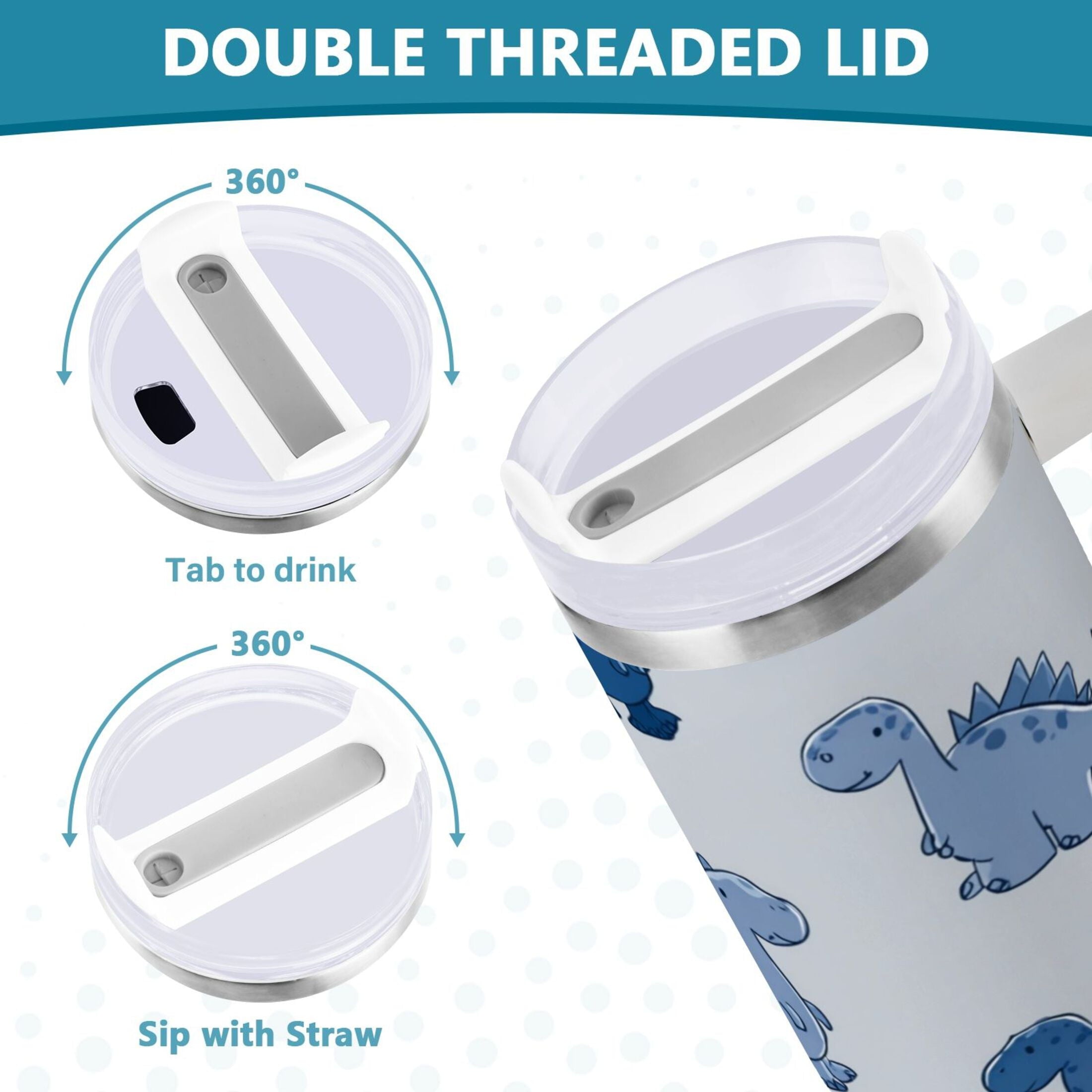 30 oz Insulated Stainless Steel Tumbler Double Wall Stainless Steel Tumbler with 2-Way Drinking Cute Blue Dinosaurs Q0BA
