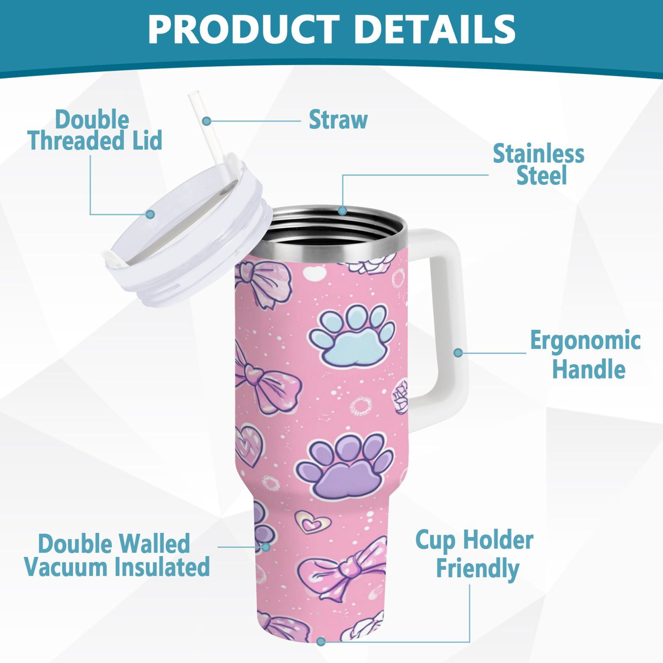30 oz Insulated Stainless Steel Tumbler Double Wall Stainless Steel Tumbler with 2-Way Drinking Dog Paw Prints and Bows KWOF
