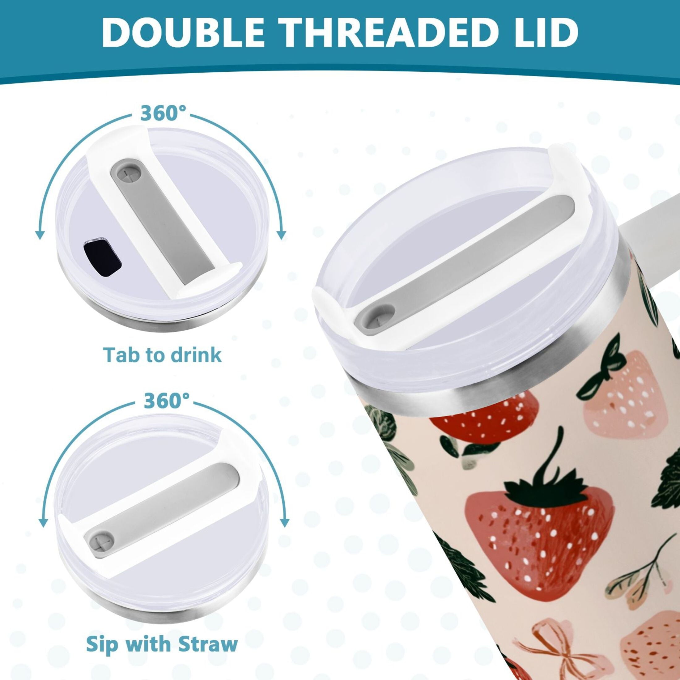 30 oz Insulated Stainless Steel Tumbler Double Wall Stainless Steel Tumbler with 2-Way Drinking Cute Pinks Strawberries 6O6J