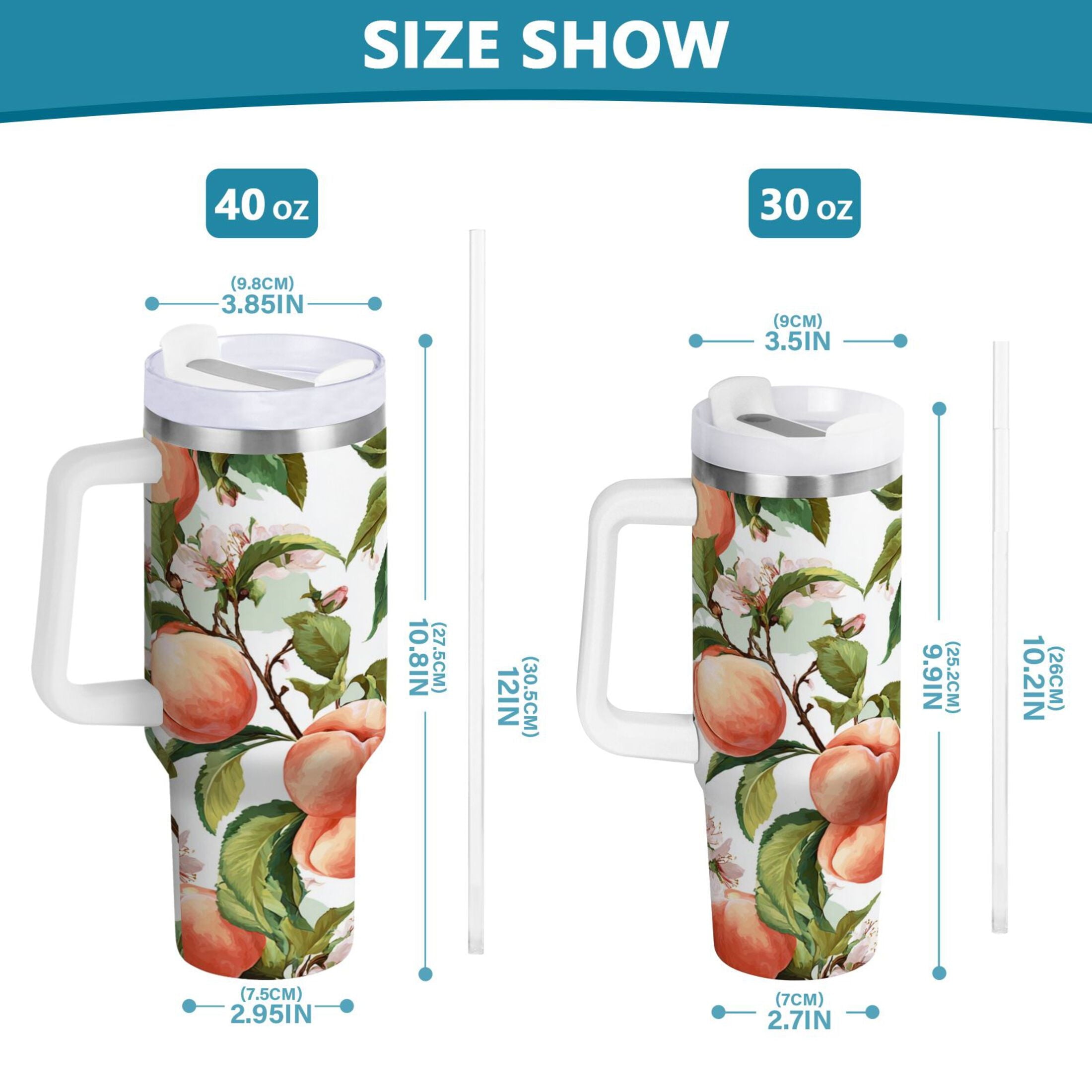 30 oz Insulated Stainless Steel Tumbler Double Wall Stainless Steel Tumbler with 2-Way Drinking Peach Fruit Pattern A2LP