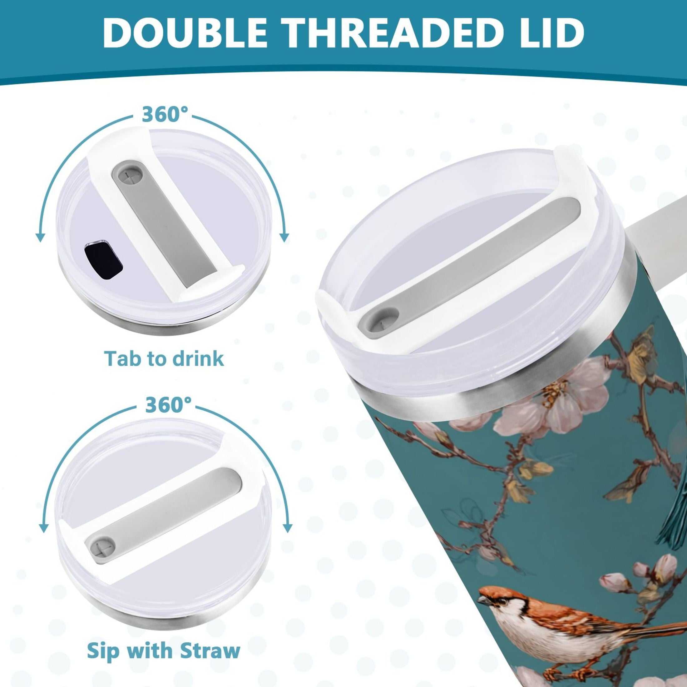 30 oz Insulated Stainless Steel Tumbler Double Wall Stainless Steel Tumbler with 2-Way Drinking Birds and Cherry Pattern 8ZIO