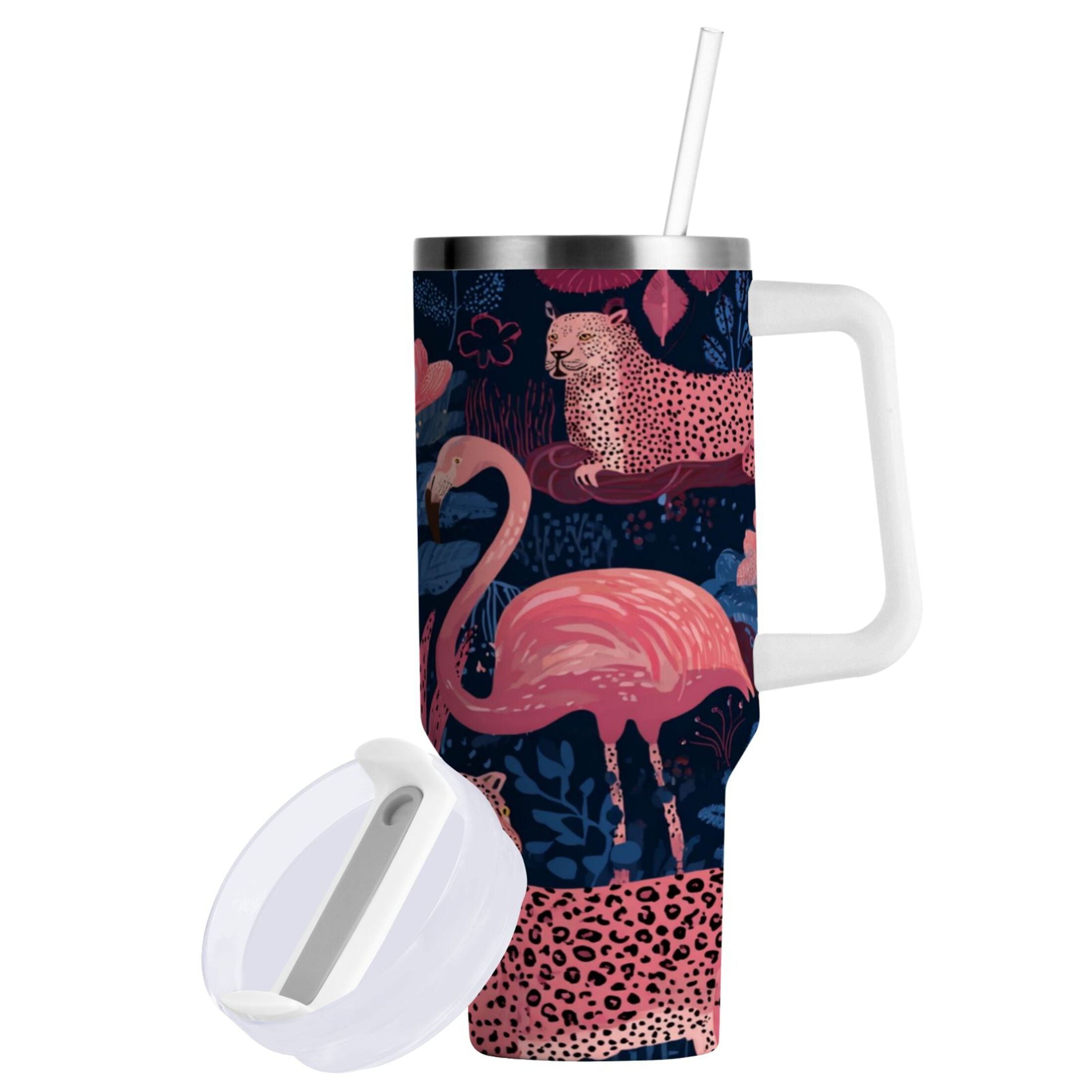 30 oz Insulated Stainless Steel Tumbler Double Wall Stainless Steel Tumbler with 2-Way Drinking Flamingos and Leopard Print 2NIH