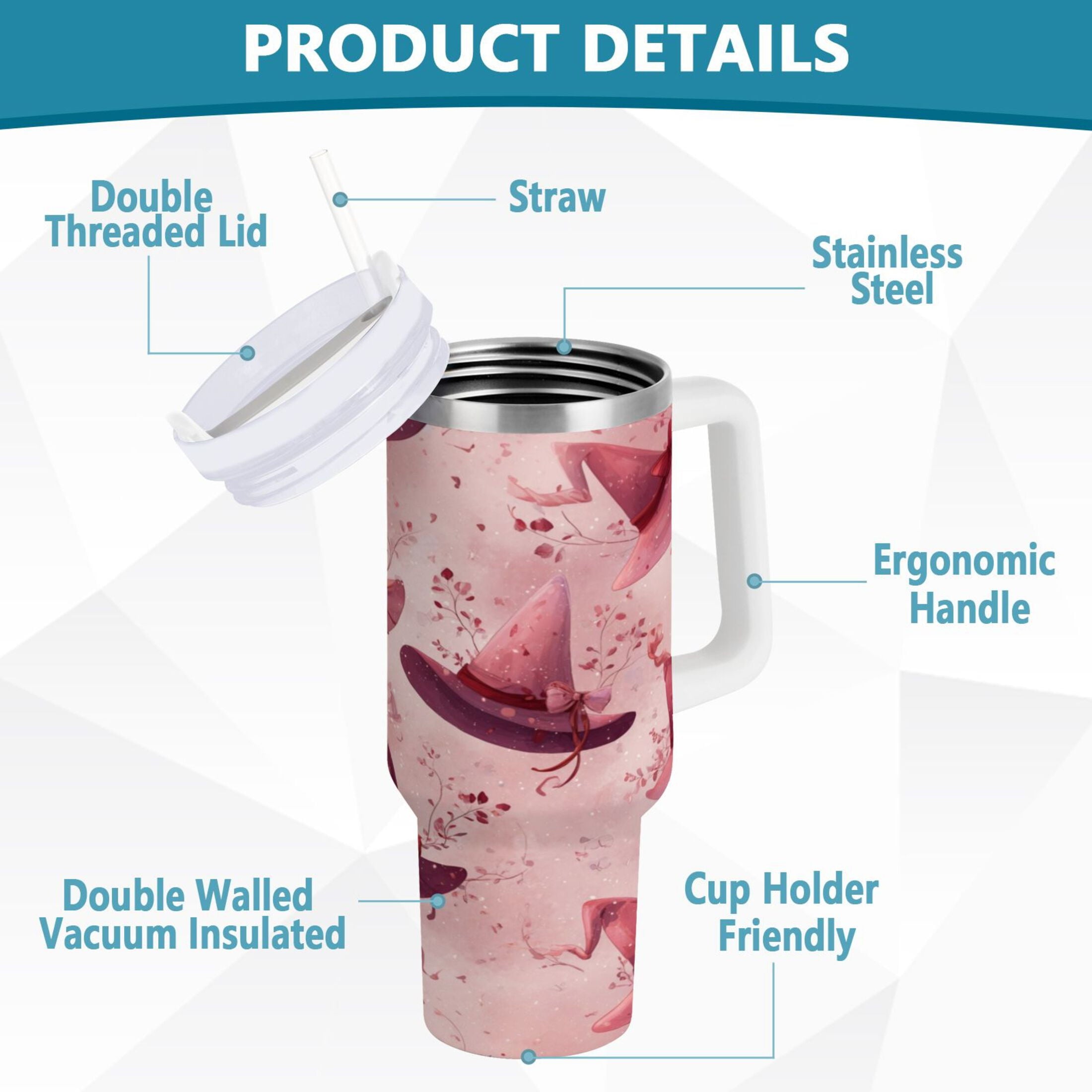 30 oz Insulated Stainless Steel Tumbler Double Wall Stainless Steel Tumbler with 2-Way Drinking Hats with Delicate Bows IGC0