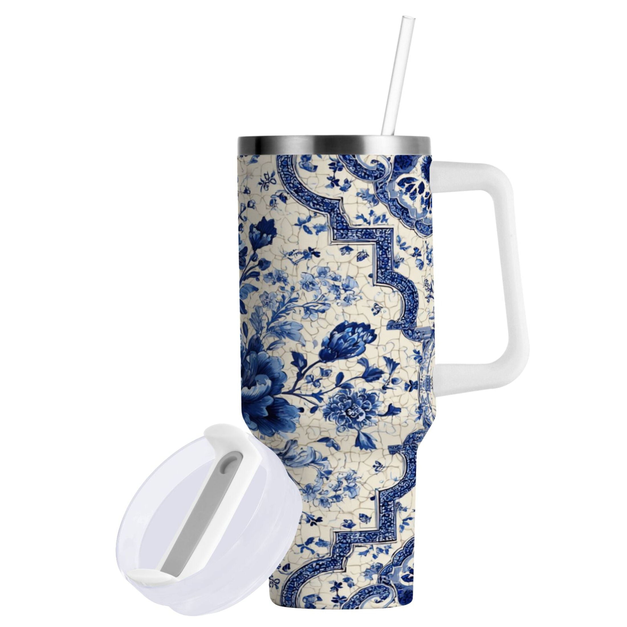 30 oz Insulated Stainless Steel Tumbler Double Wall Stainless Steel Tumbler with 2-Way Drinking Blue and White Porcelain-style FEN4