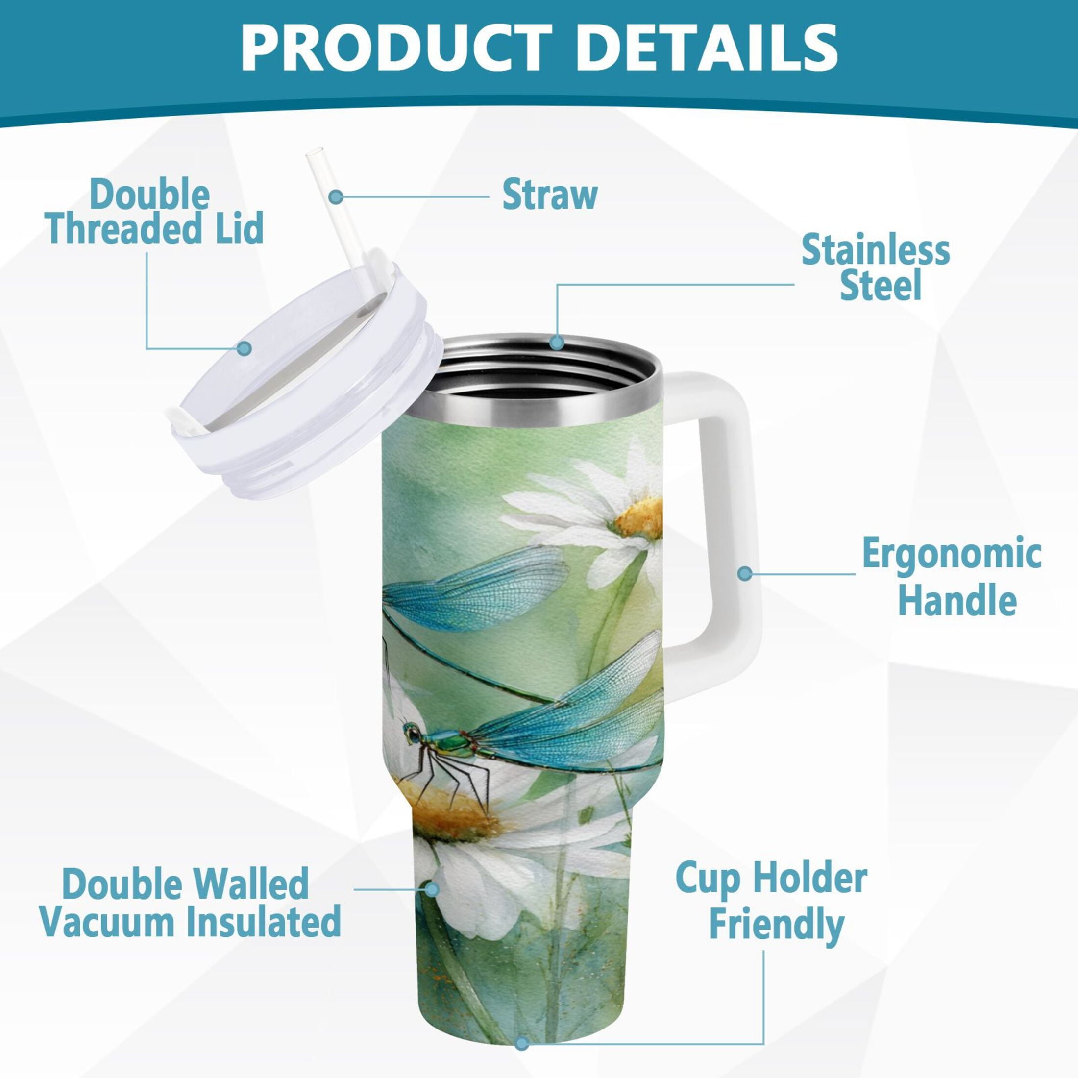 30 oz Insulated Stainless Steel Tumbler Double Wall Stainless Steel Tumbler with 2-Way Drinking Beautiful Dragonflies and Daisies SXTZ