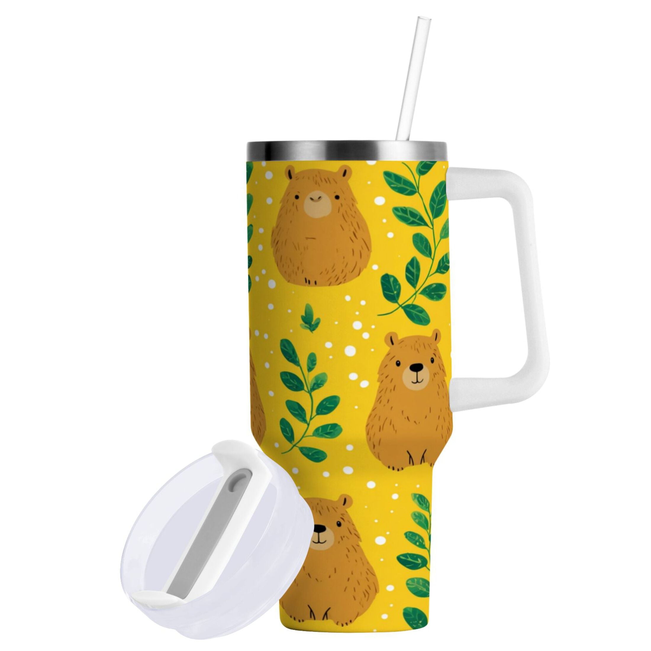 30 oz Insulated Stainless Steel Tumbler Double Wall Stainless Steel Tumbler with 2-Way Drinking Capybara and Green Leaves EDKJ