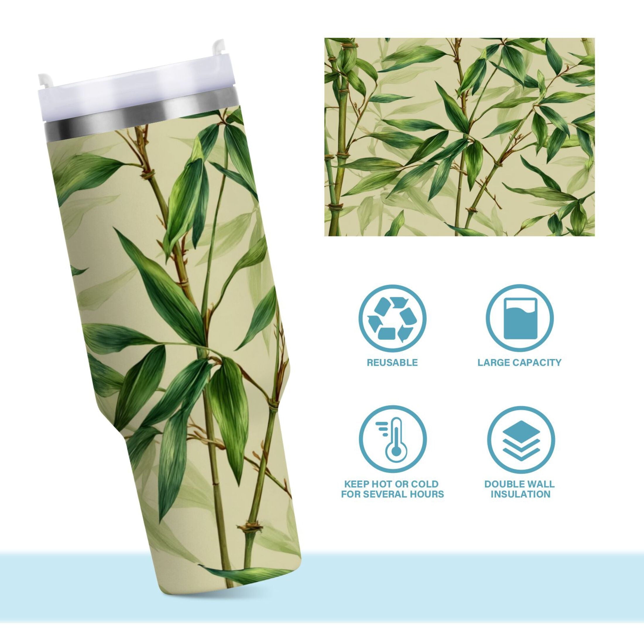 30 oz Insulated Stainless Steel Tumbler Double Wall Stainless Steel Tumbler with 2-Way Drinking Bamboo Pattern JN9Y