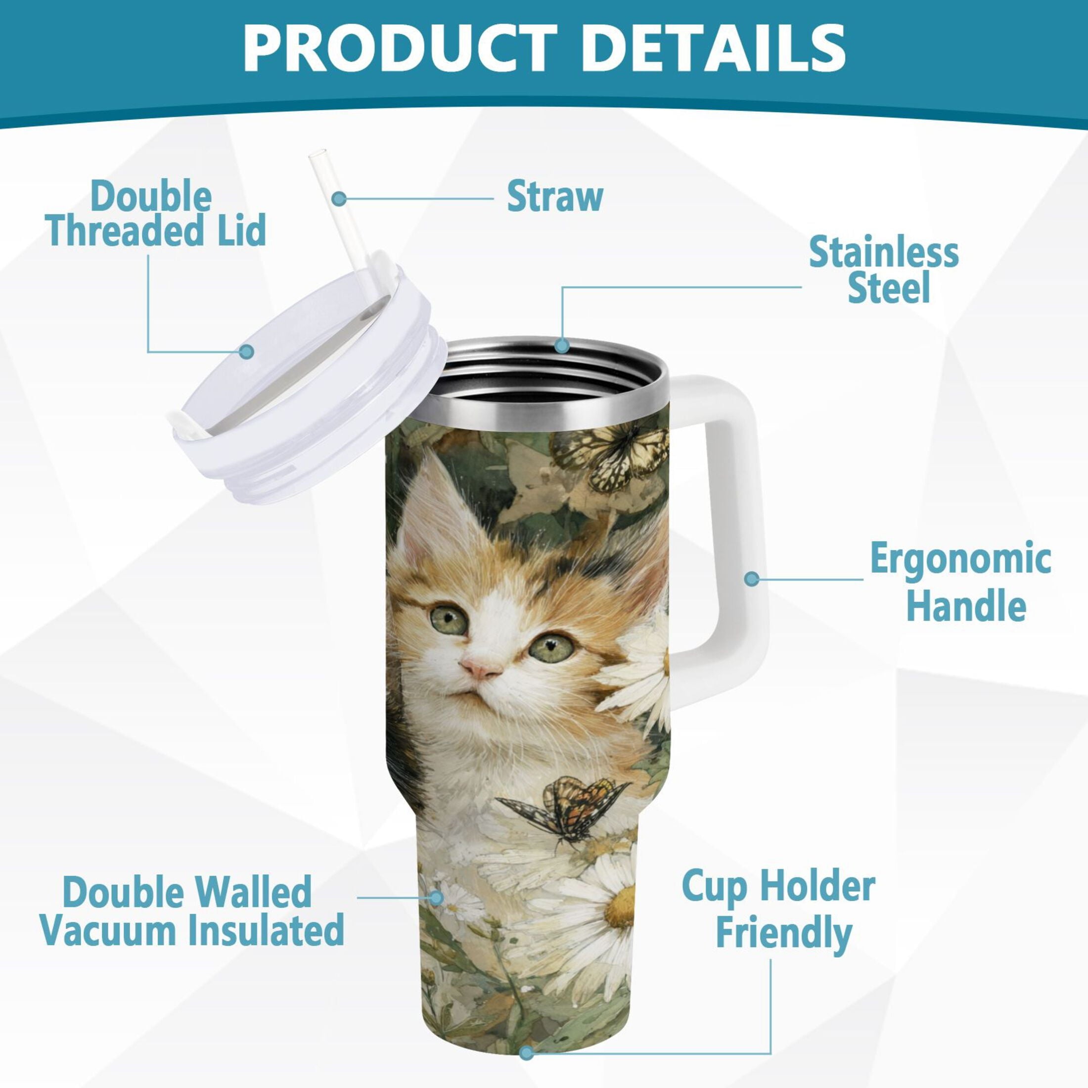 30 oz Insulated Stainless Steel Tumbler Double Wall Stainless Steel Tumbler with 2-Way Drinking Adorable Cats and Daisies 7J0T