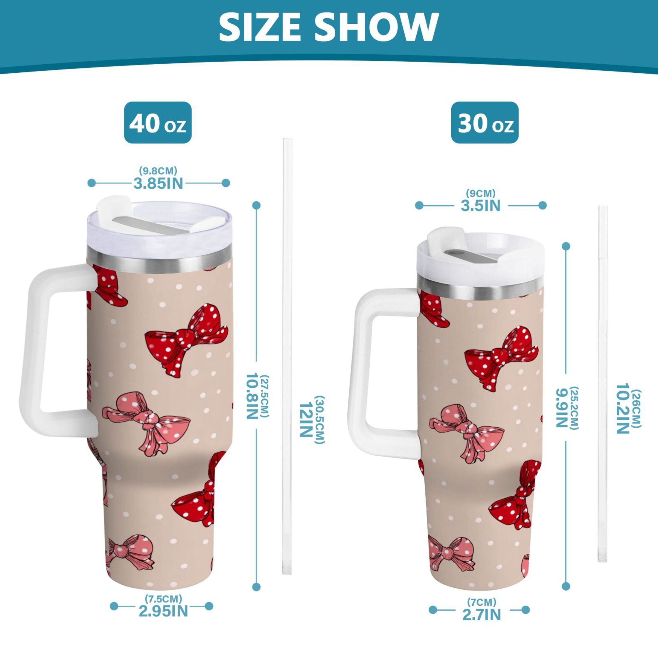30 oz Insulated Stainless Steel Tumbler Double Wall Stainless Steel Tumbler with 2-Way Drinking Cute Red Bows Pattern U3TM