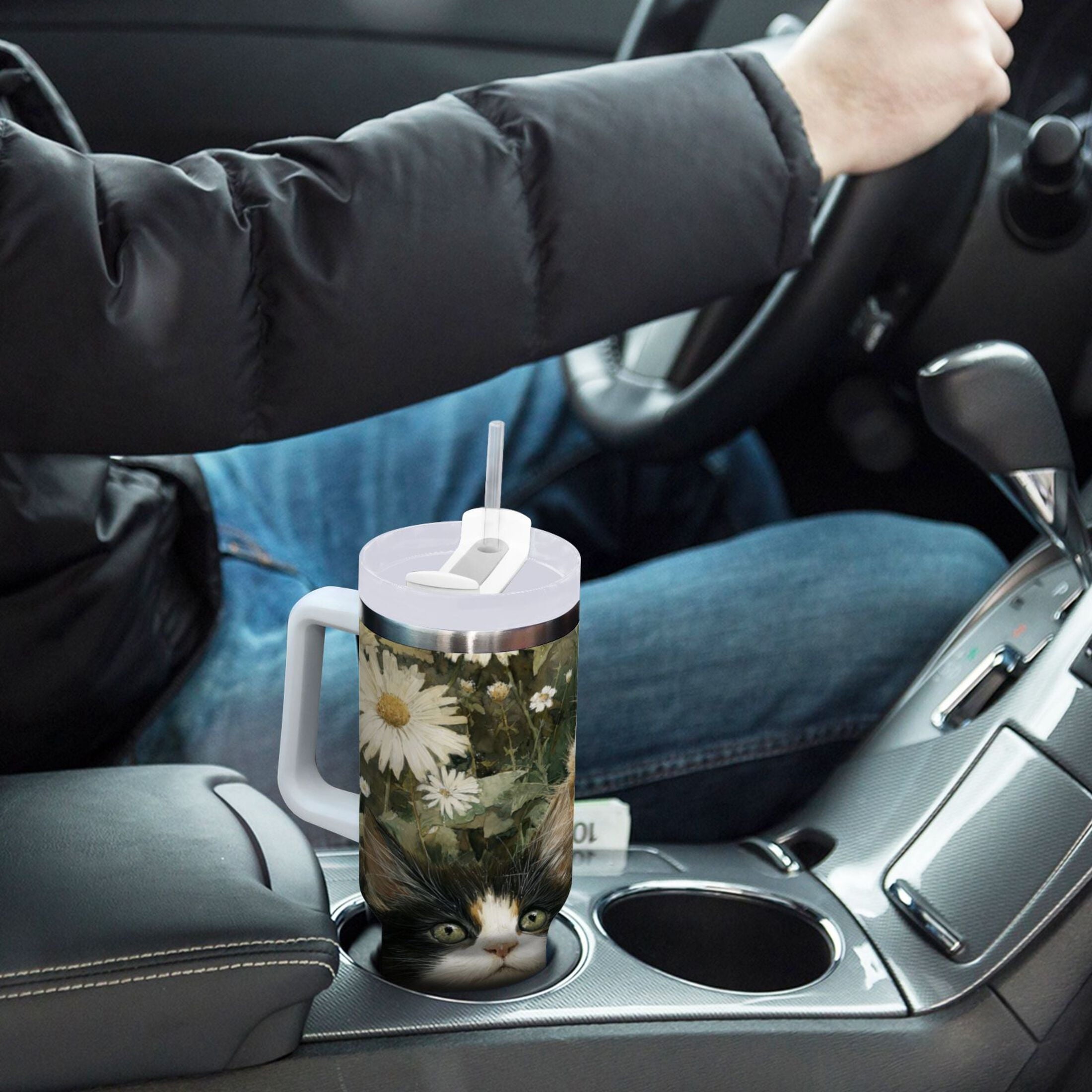 30 oz Insulated Stainless Steel Tumbler Double Wall Stainless Steel Tumbler with 2-Way Drinking Adorable Cats and Daisies 7J0T