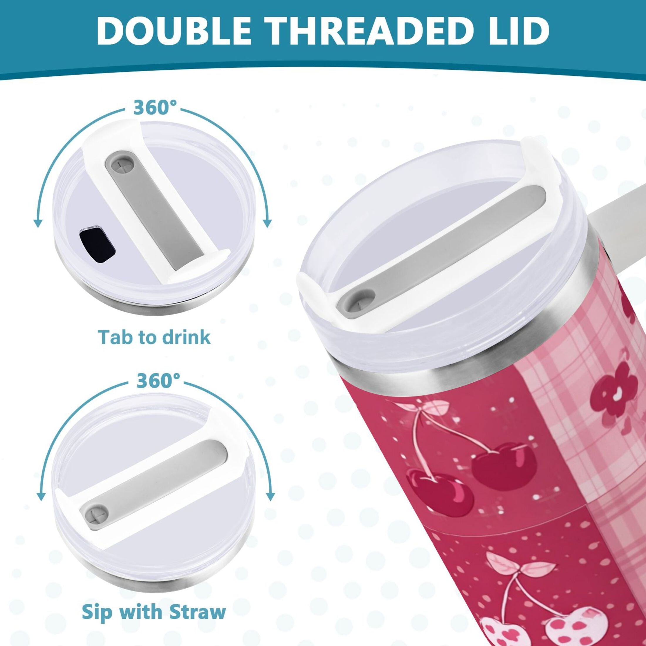 30 oz Insulated Stainless Steel Tumbler Double Wall Stainless Steel Tumbler with 2-Way Drinking Cherry Pattern with Bows B6Y5