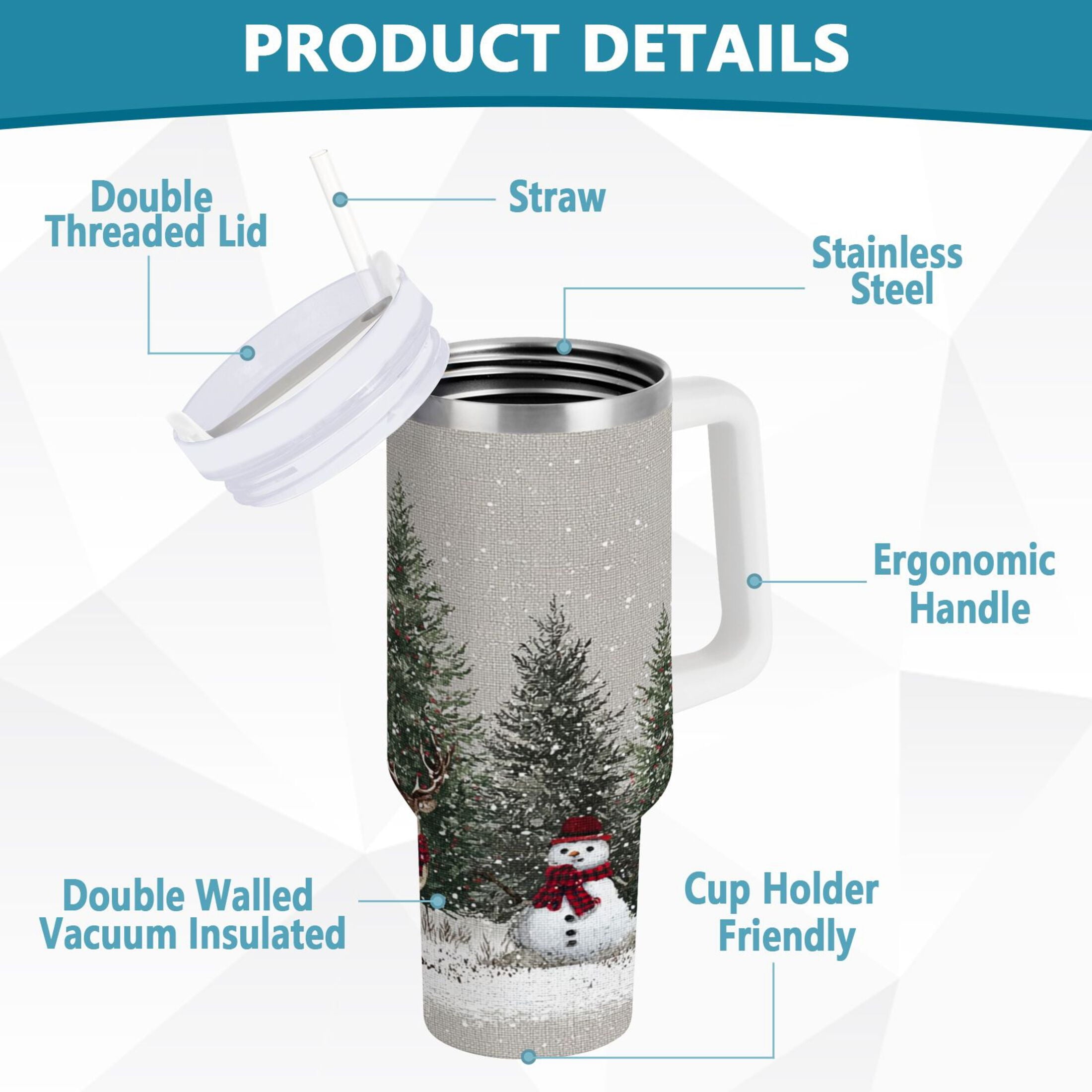 30 oz Insulated Stainless Steel Tumbler Double Wall Stainless Steel Tumbler with 2-Way Drinking Christmas Deer and Snowmen W1S6